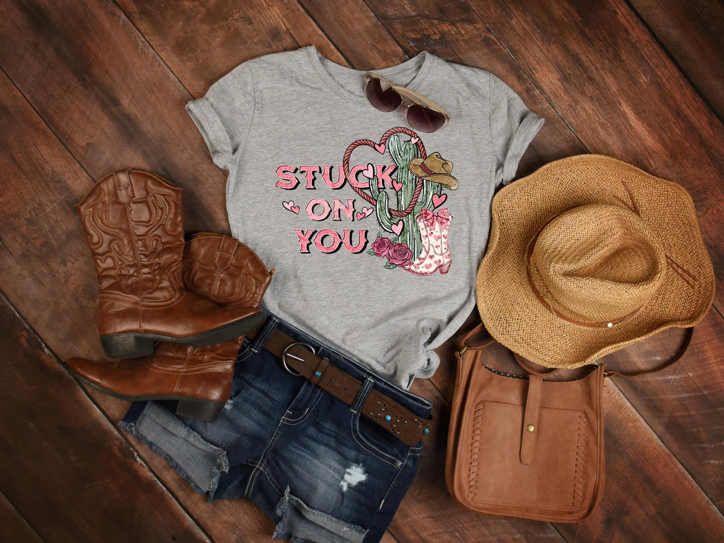 Stuck on You Western PNG, Rustic Cowgirl Cactus Art, Wild West Valentines Shirt Design