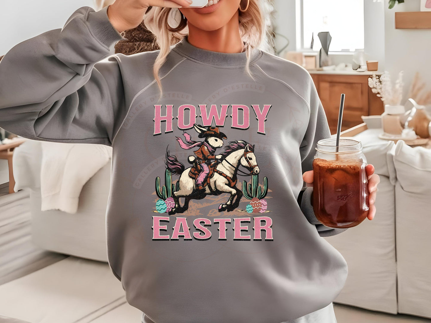 Howdy Easter PNG, Vintage Cowboy Bunny Riding Horse Graphic, Western Easter Rodeo Country Shirt Design