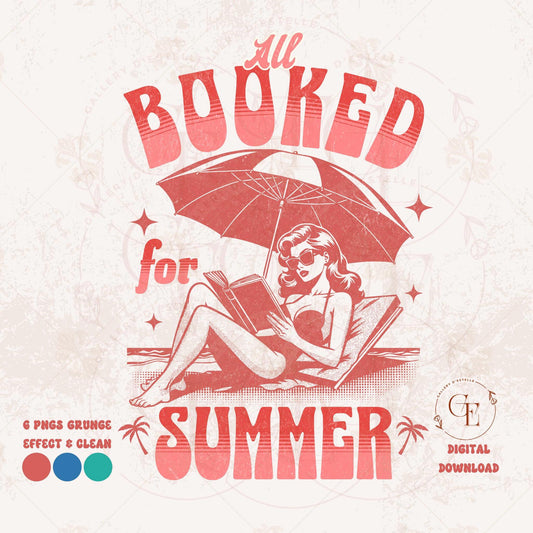 Vintage-style graphic with a woman under an umbrella reading a book, text 'All Booked for Summer', and a digital download logo.
