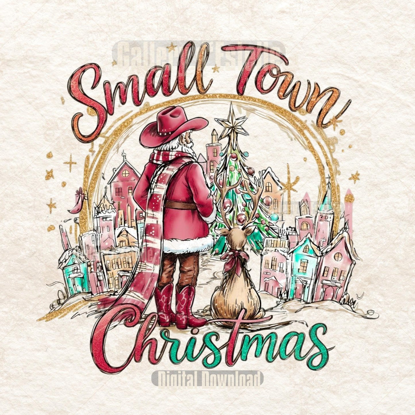 Illustration of a cowboy santa with a dog, standing in front of a Christmas tree and small town scene, with 'Small Town Christmas' text.