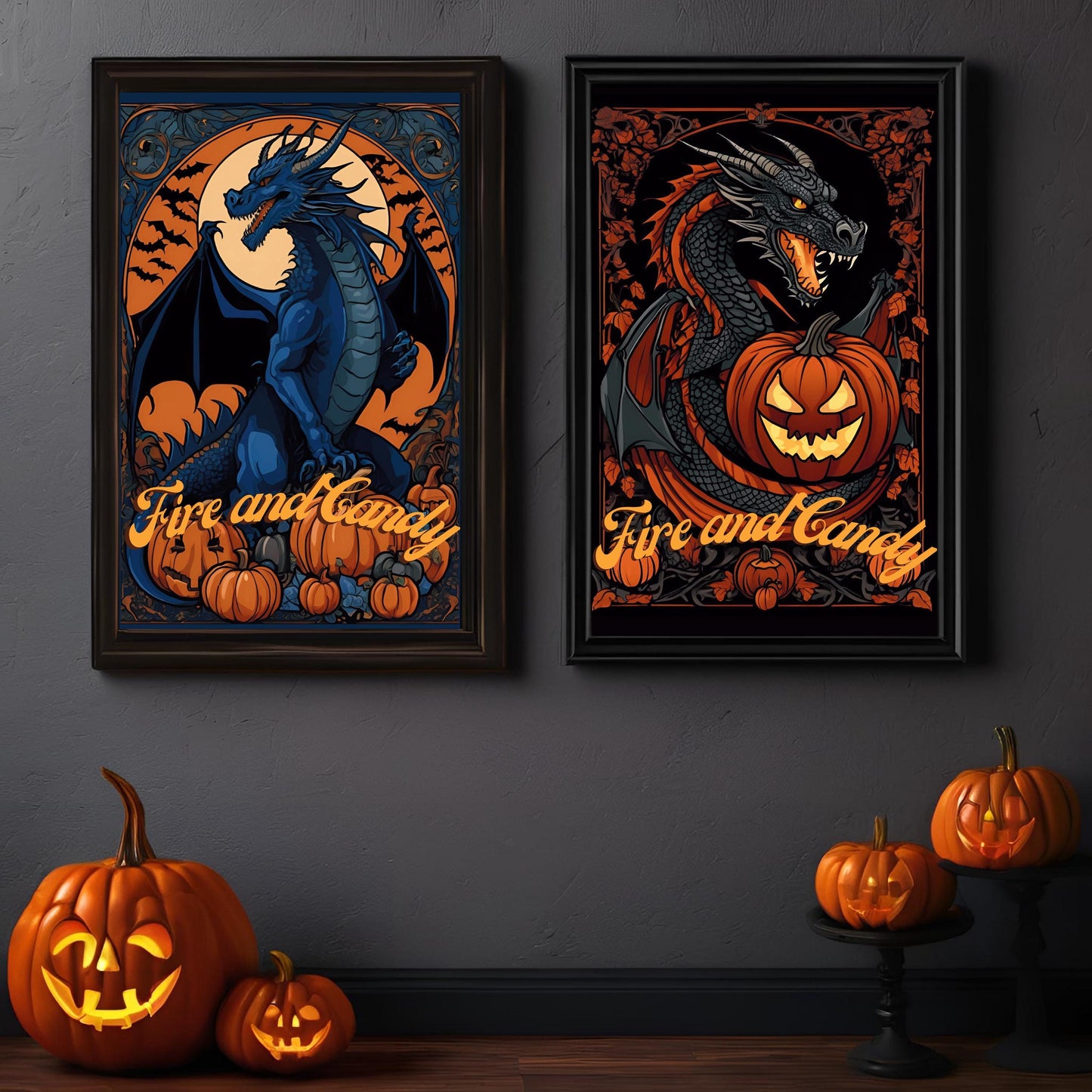 Halloween Dragons Wall Art Bundle-"House Spookaryen", Spooky Art Nouveau Prints for Halloween Decoration