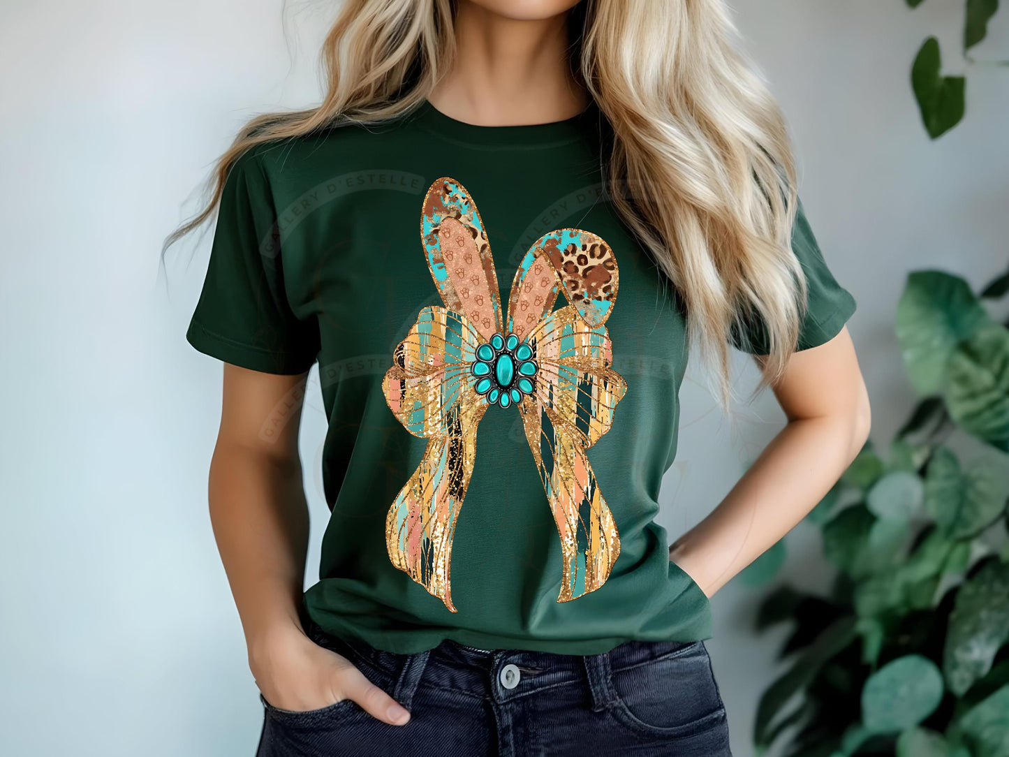 Western Coquette Glitter Bow PNG, Gold Brushstroke Easter Bunny Graphic, Trendy Cowgirl Shirt Design