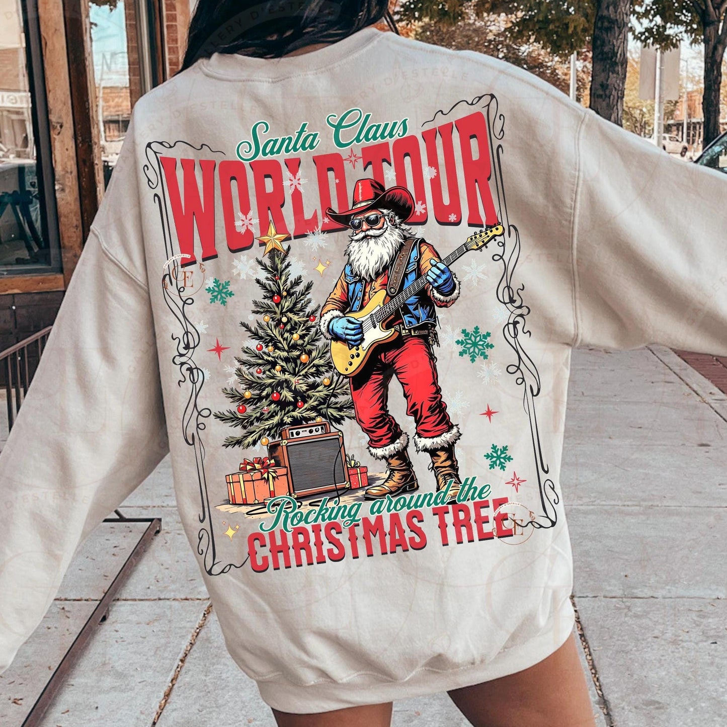 Santa Claus World Tour Western PNG, Retro Christmas Cowboy Rocker Graphic, Trendy Holiday Country Shirt Design