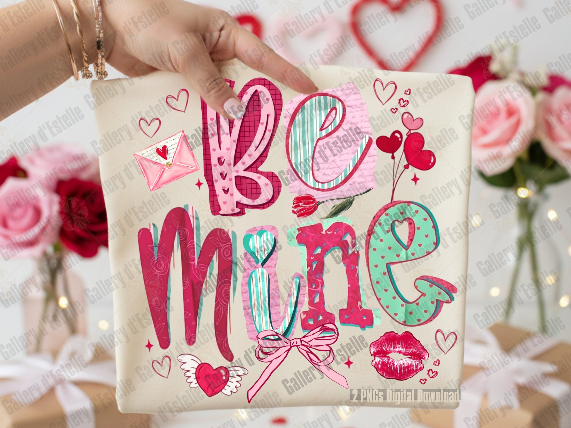 Retro Be Mine Valentine PNG on light beige flat sweatshirt mockup with magazine collage style