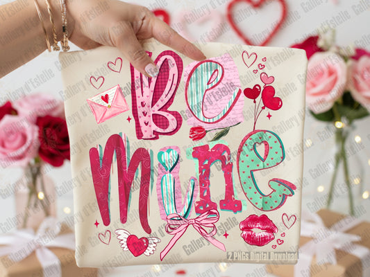 Retro Be Mine Valentine PNG on light beige flat sweatshirt mockup with magazine collage style