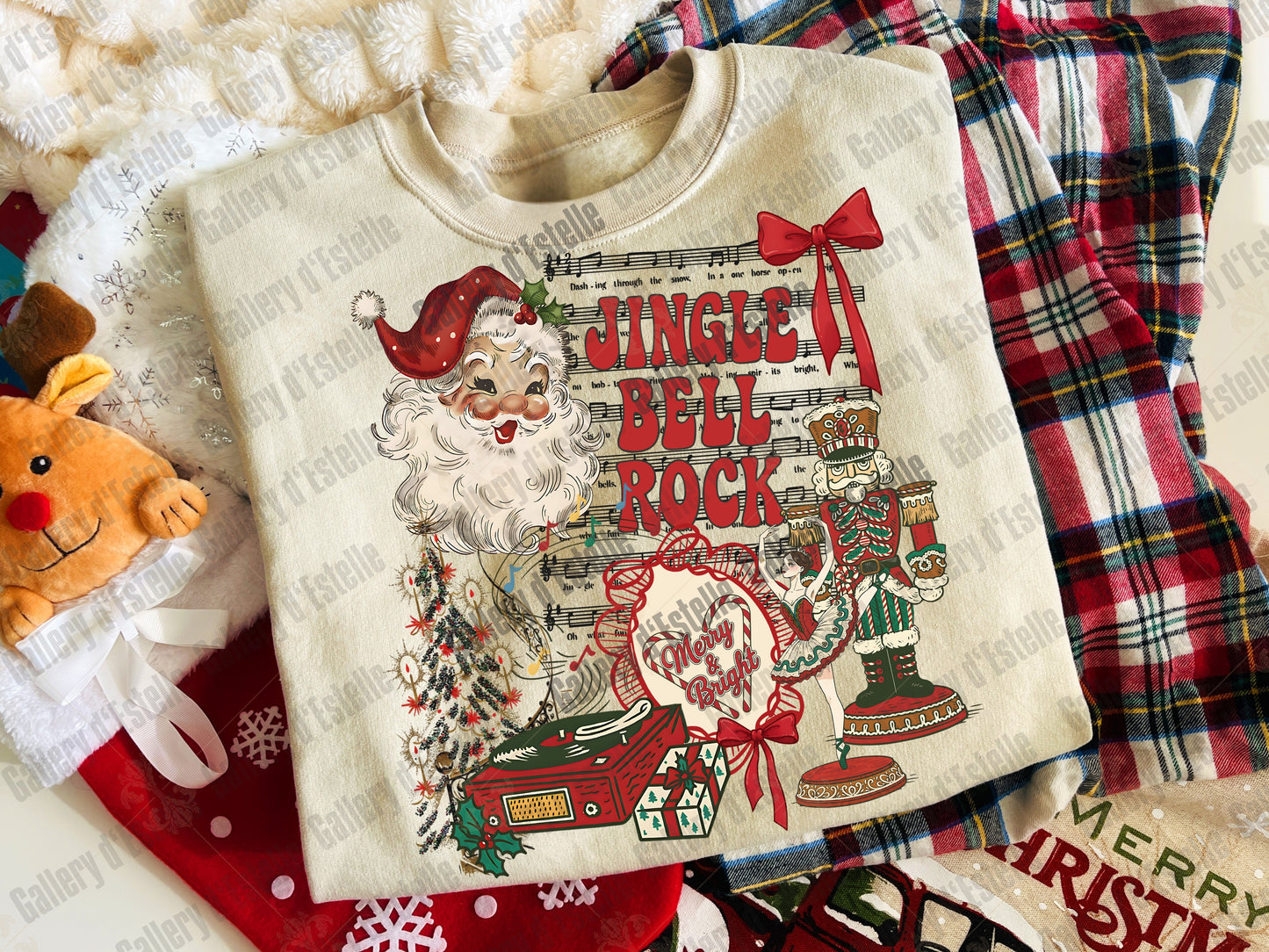 Christmas-themed sweatshirt with Santa Claus and 'Jingle Bell Rock' text on a festive background.