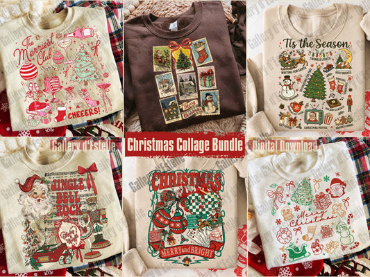 Collage of Christmas-themed sweatshirts with various designs on a plaid fabric background.
