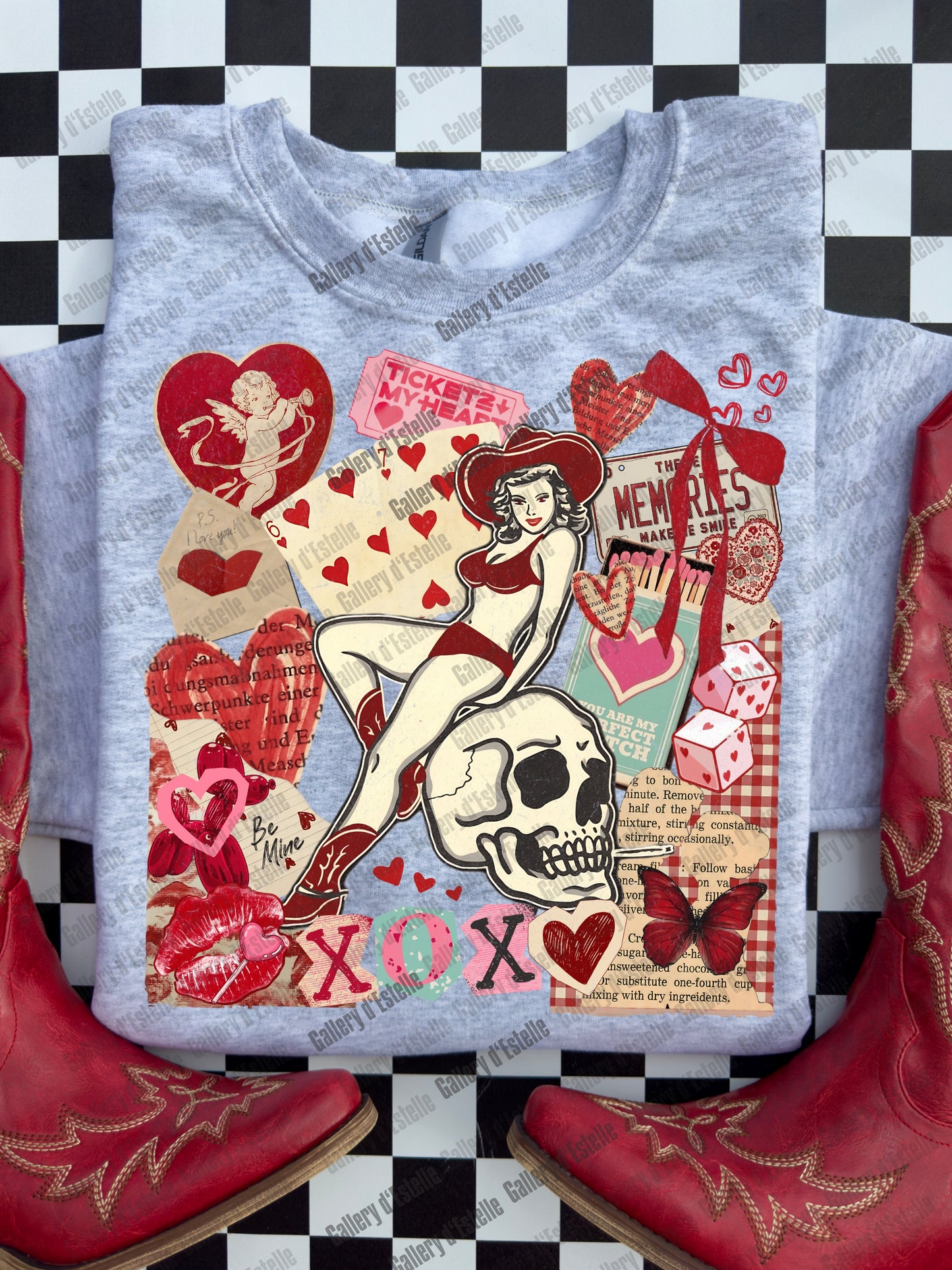 Retro Cowgirl Love Collage PNG, Edgy Y2K Valentine Graphic, Western Pinup Skull Art, Trendy Love Shirt Design