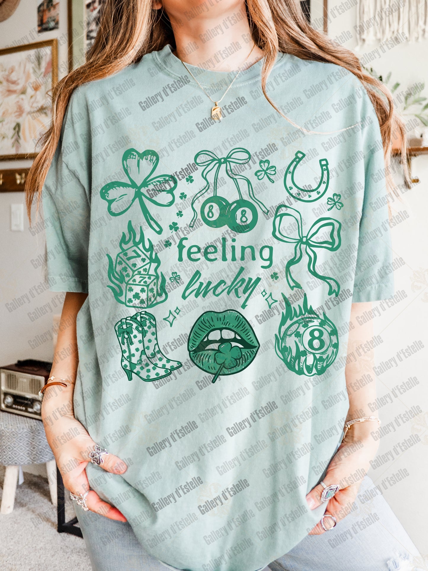 Feeling Lucky PNG, Retro Lucky Western Collage, Shamrock Dice 8 Ball Graphic, Trendy St Patrick’s Day Shirt Design
