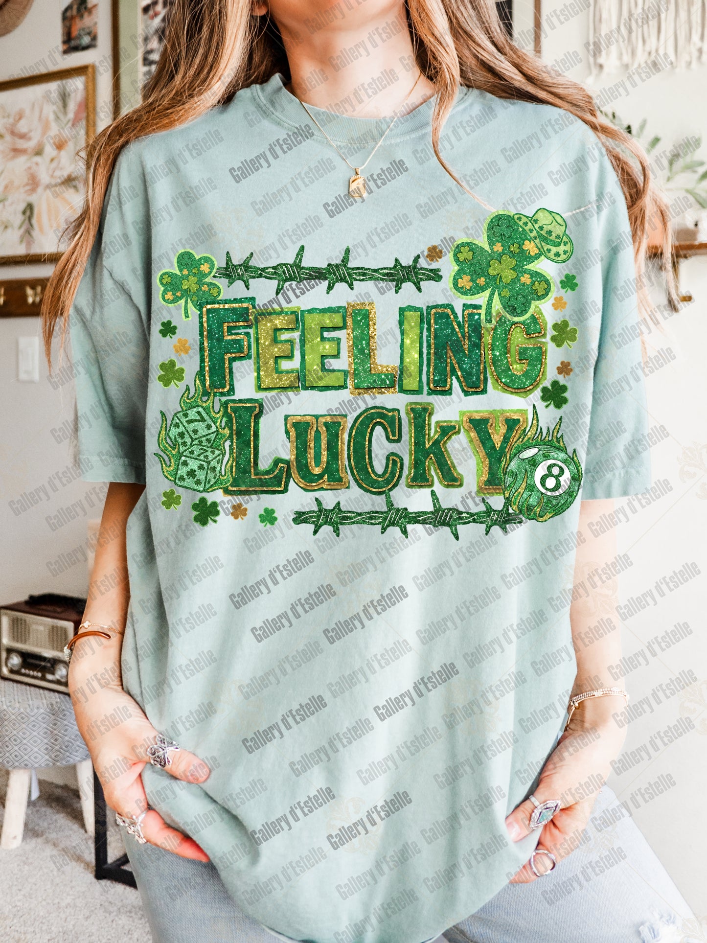 Coquette Feeling Lucky PNG, Retro Western Casino Graphic, Preppy Glitter Shamrock Art, Trendy St Patrick’s Day Design