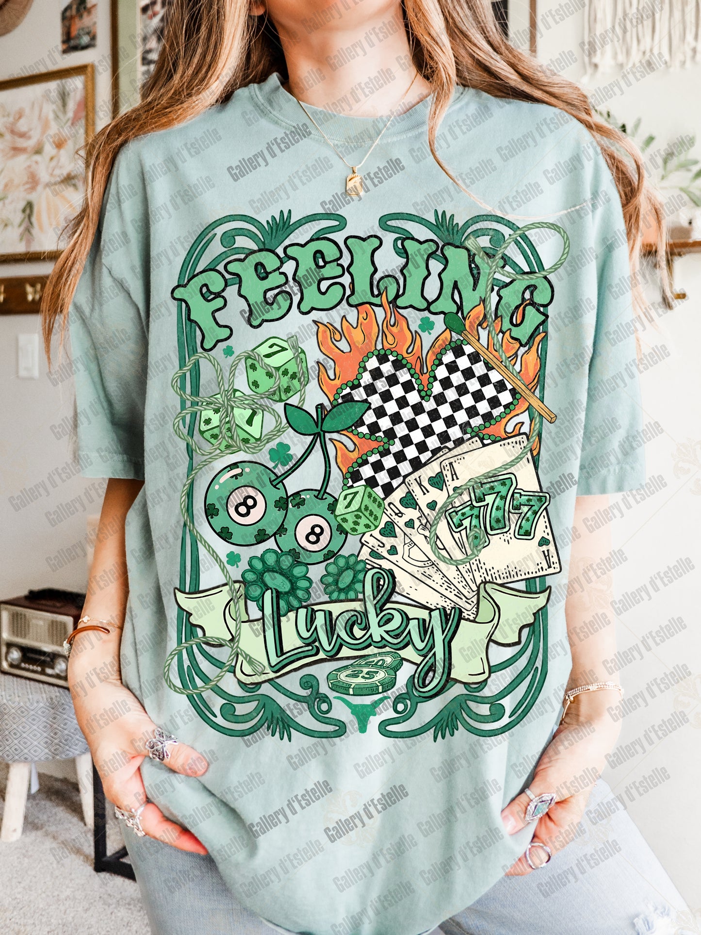 Feeling Lucky PNG, Retro Western Casino Collage, Cowboy Rodeo Graphic, Edgy St Patrick’s Day Shirt Design