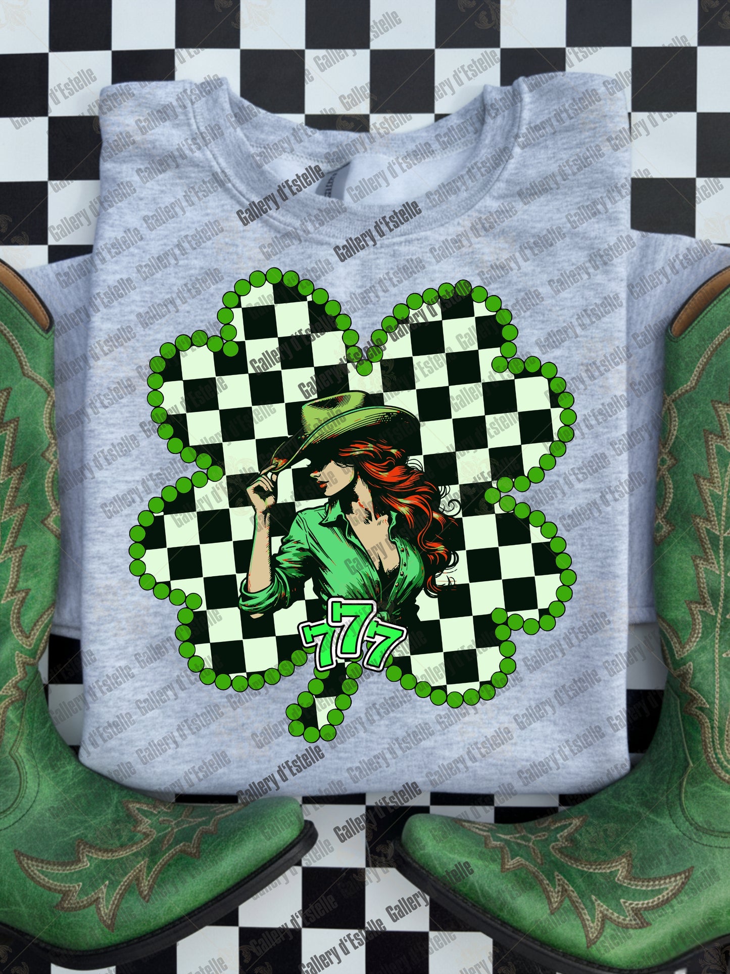 Western St Patricks Day Lucky Girl PNG, Checkered Turquoise Shamrock Graphic, Retro Cowgirl Playing Cards Design, Country Shirt Sublimation