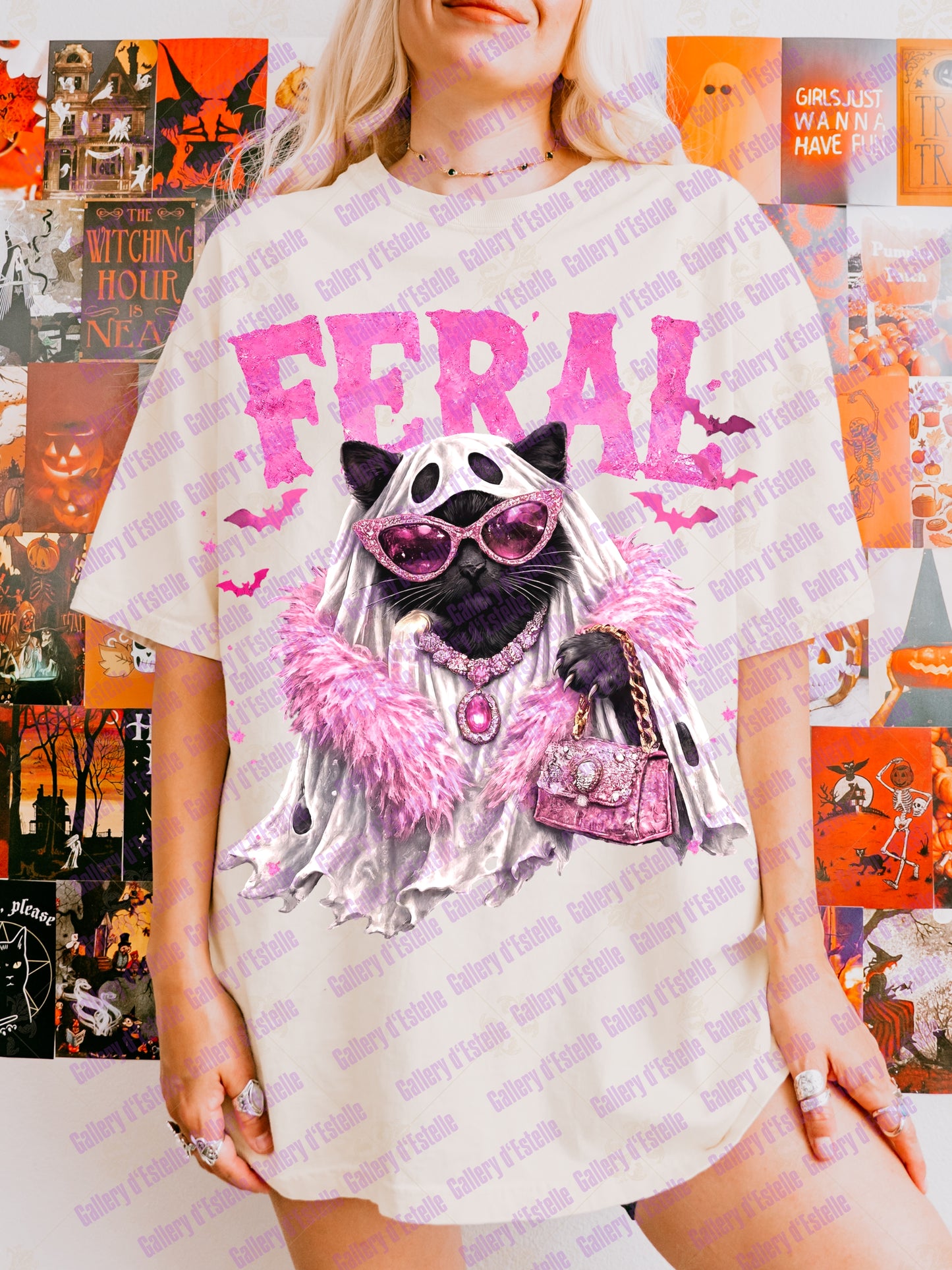 Feral Spooky Cat PNG, Retro Glam Ghost Graphic, Coquette Halloween Shirt Design