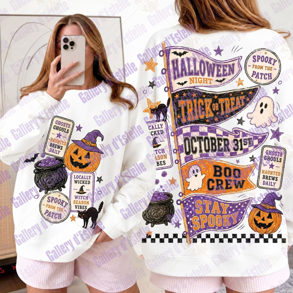 A white long-sleeve sweatshirt with a colorful Halloween-themed graphic print, shown in both front and back views. The design features pumpkins, ghosts, witches, and text like 'Halloween Night' and 'Stay Spooky'.