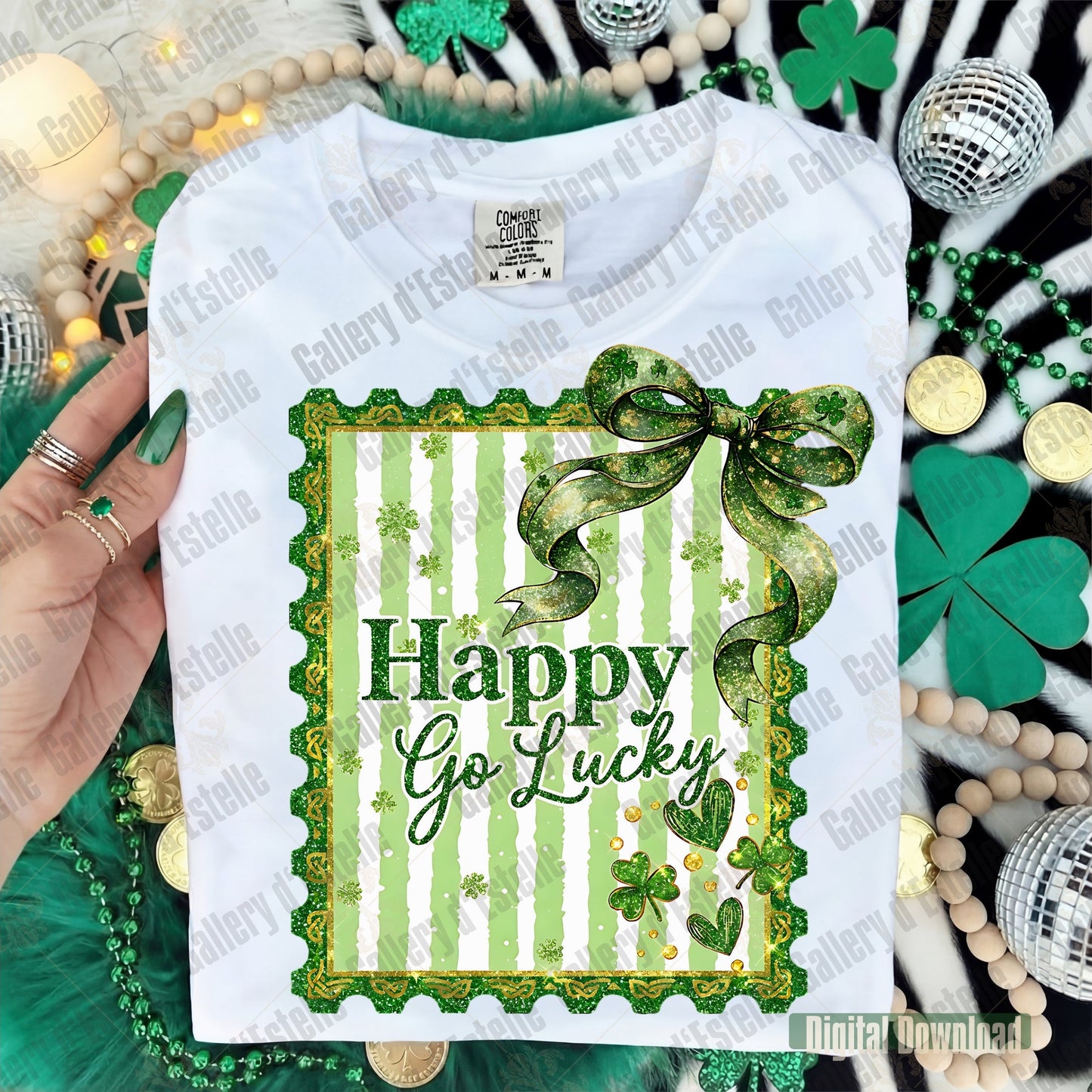 Happy Go Lucky St Patrick's PNG with retro Irish stamp graphic - coquette lucky design on a folded white shirt.
