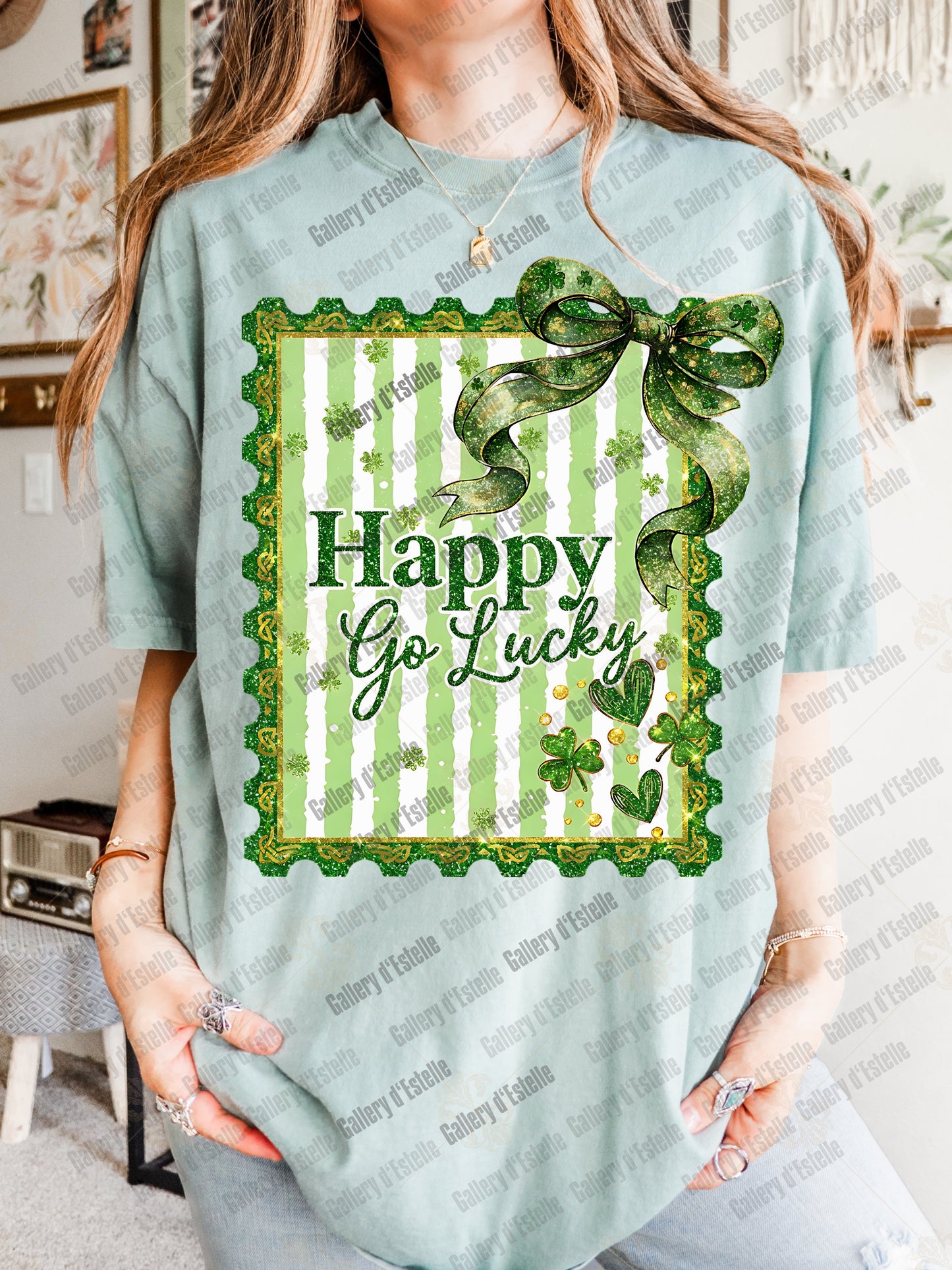Happy Go Lucky St Patrick’s PNG, Retro Irish Stamp Graphic, Coquette Lucky Shirt Design