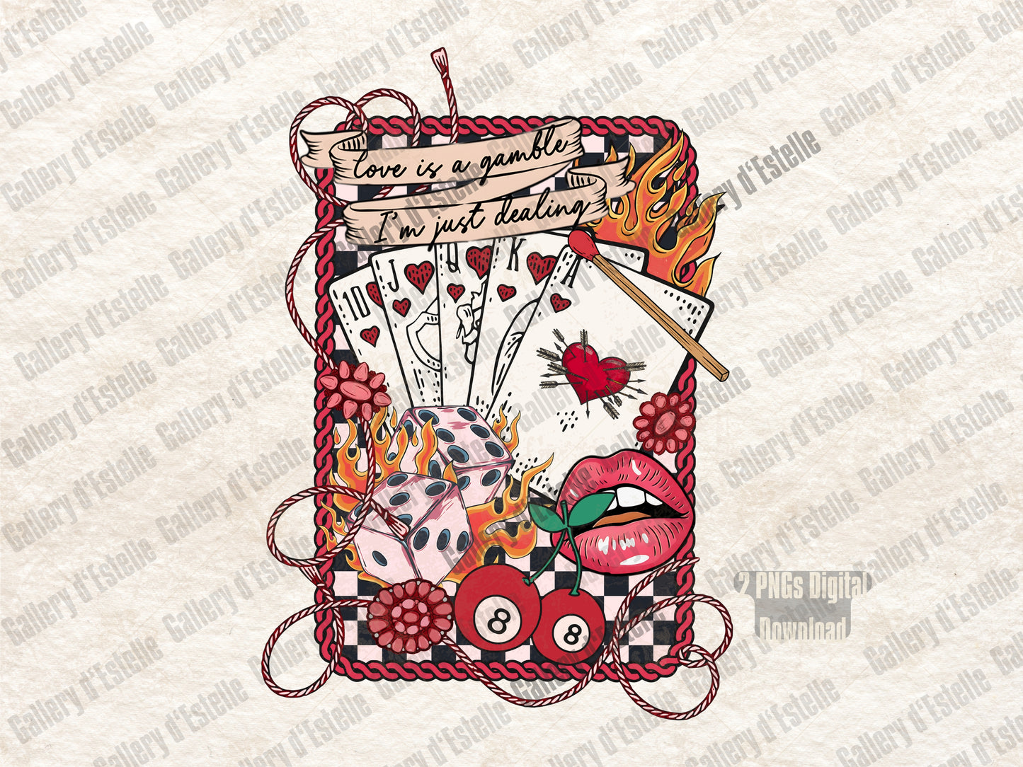 Edgy Western Valentine PNG with Love is a Gamble casino collage and cowgirl elements
