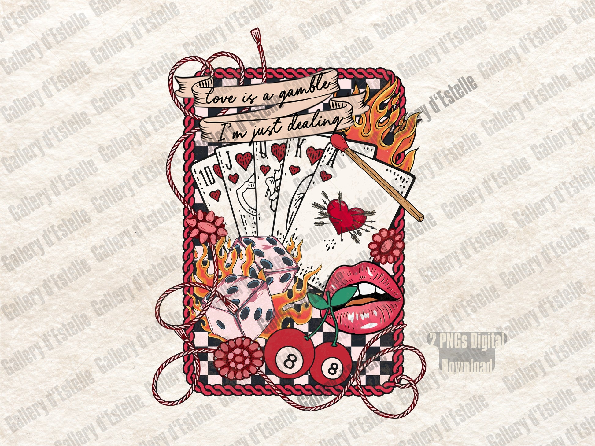 Edgy Western Valentine PNG with Love is a Gamble casino collage and cowgirl elements
