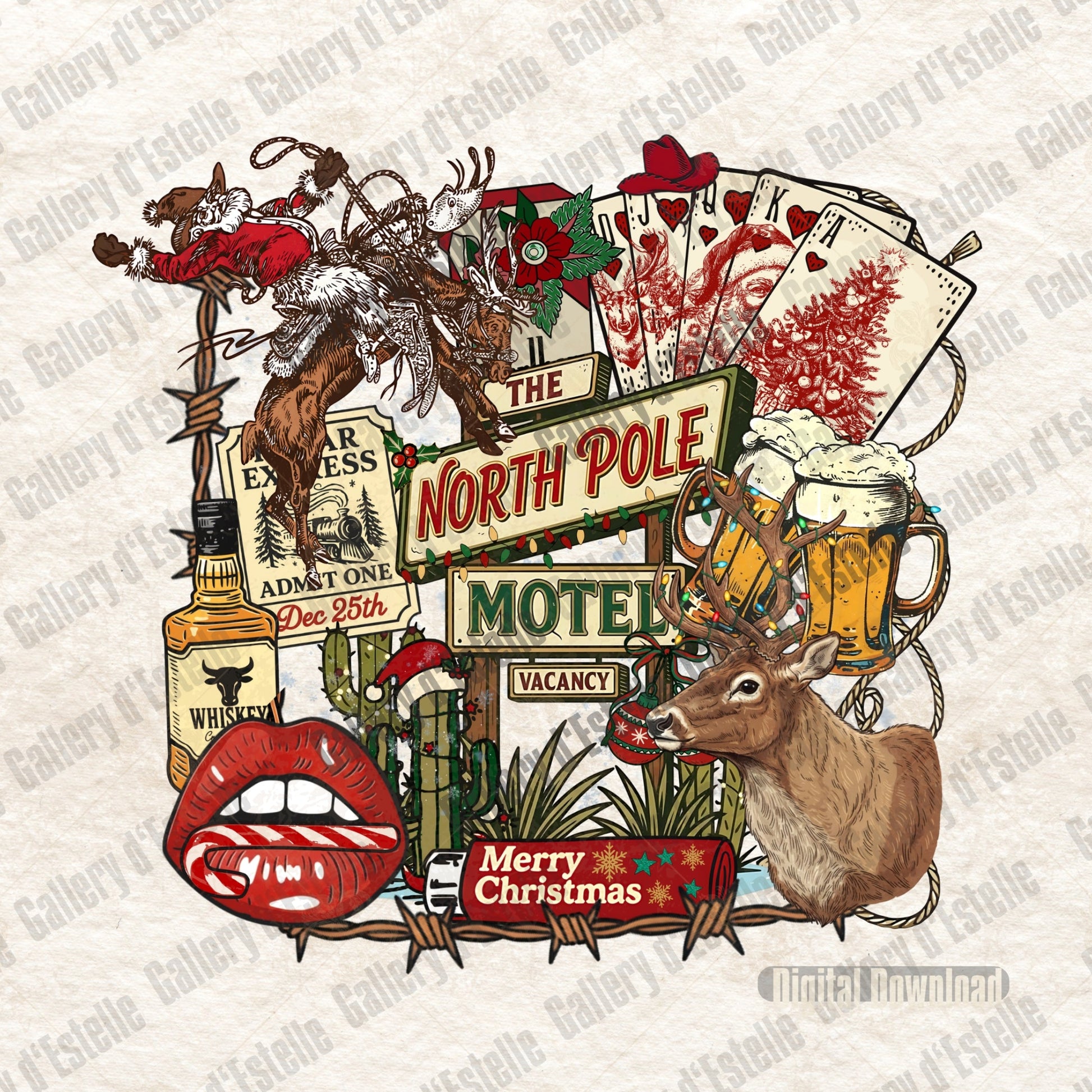 Vintage-style illustration with Christmas elements, including a reindeer, Santa Claus, and holiday decorations on a light background.