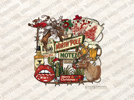 Vintage-style illustration with Christmas elements, including a reindeer, Santa Claus, and holiday decorations on a light background.