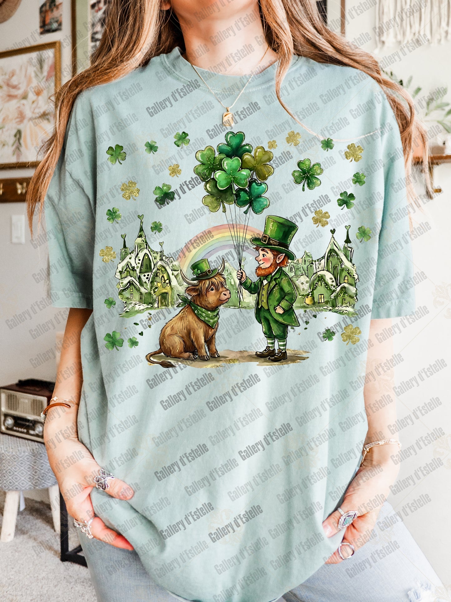 Whimsical St Patrick’s Day PNG, Retro Highland Cow Illustration, Lucky Leprechaun Art, Preppy St Paddy’s Shirt Design