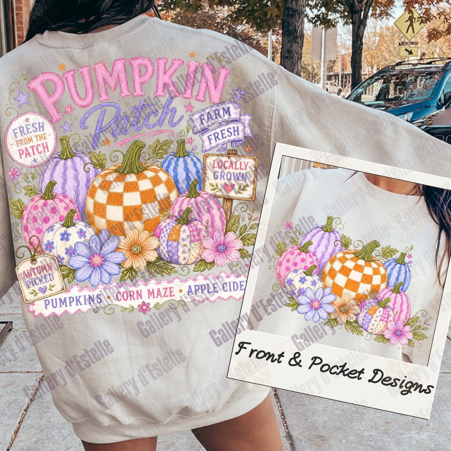 A person wearing a light beige graphic sweatshirt with a large colorful autumn pumpkin design on the back, shown outdoors on a sidewalk. A smaller inset at the bottom right shows the matching pocket design.