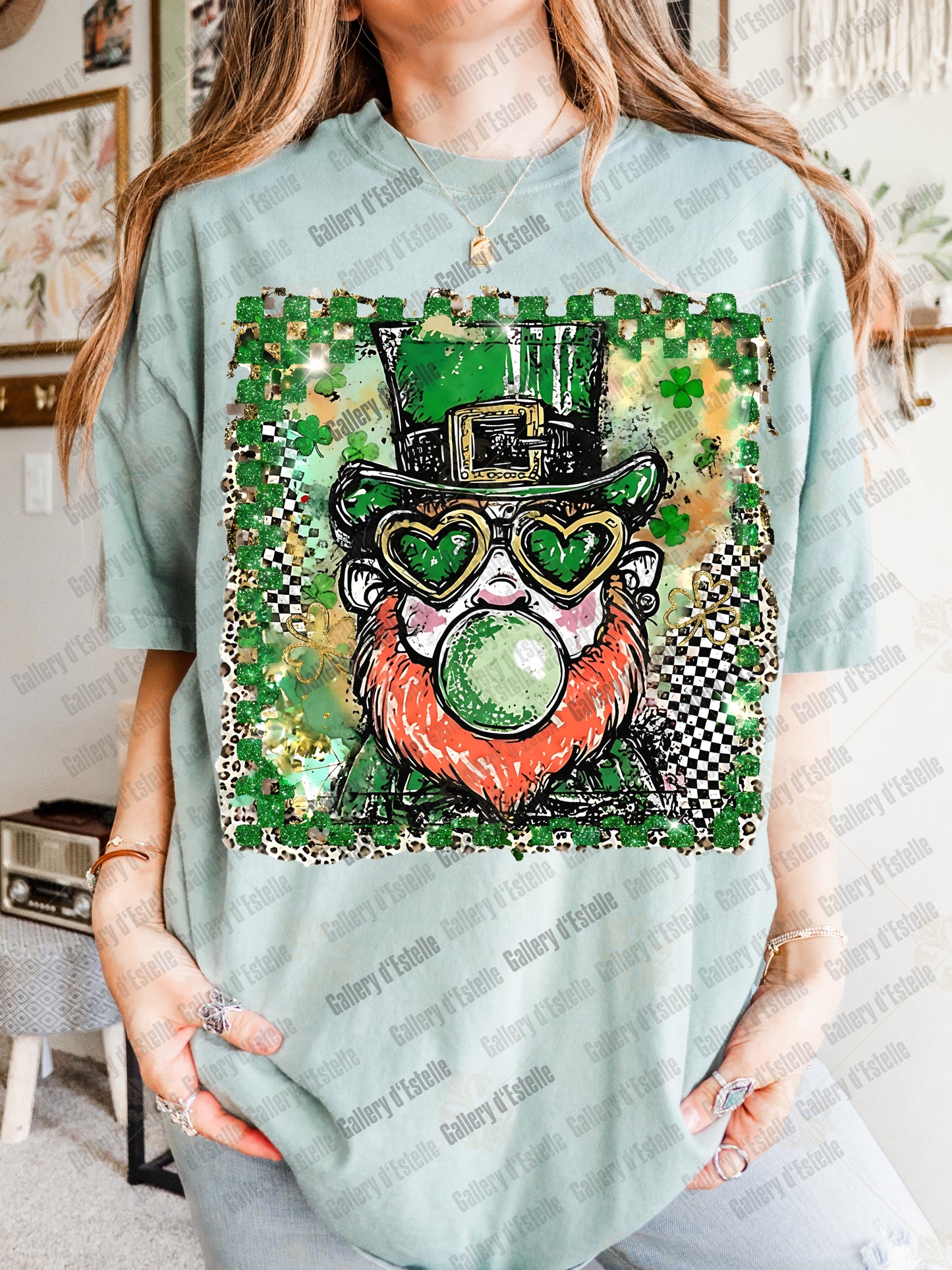 St Patrick’s Leprechaun PNG, Preppy Checkered Leopard Graphic, Lucky Coquette Shirt Design