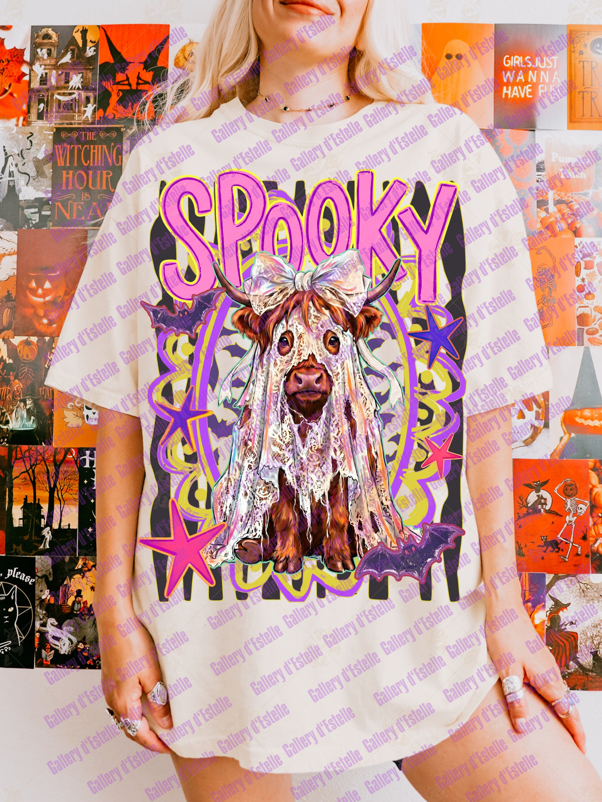 Preppy Spooky Highland Cow PNG, Retro Funny Ghost Graphic, Trendy Halloween Shirt Design
