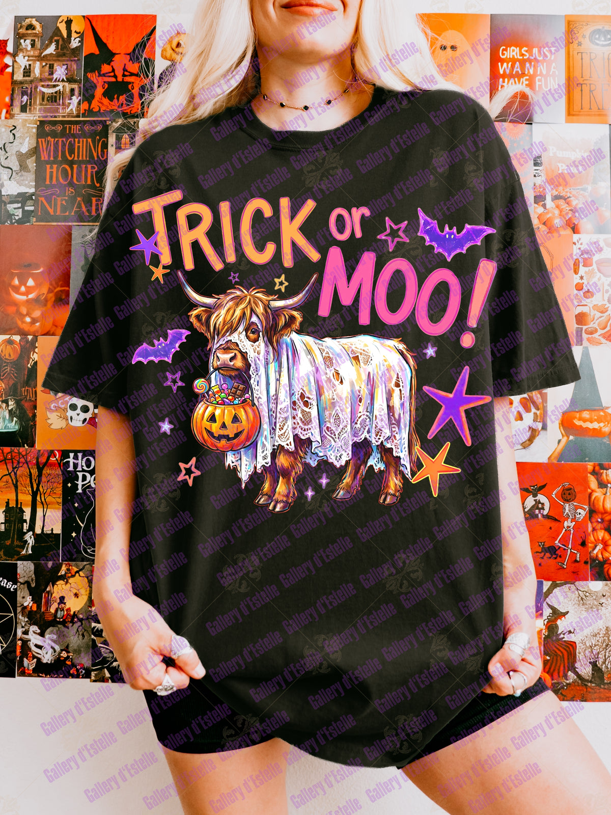 Trick or Moo PNG, Retro Spooky Highland Cow, Funny Trick or Treat Graphic, Trendy Halloween Shirt Design