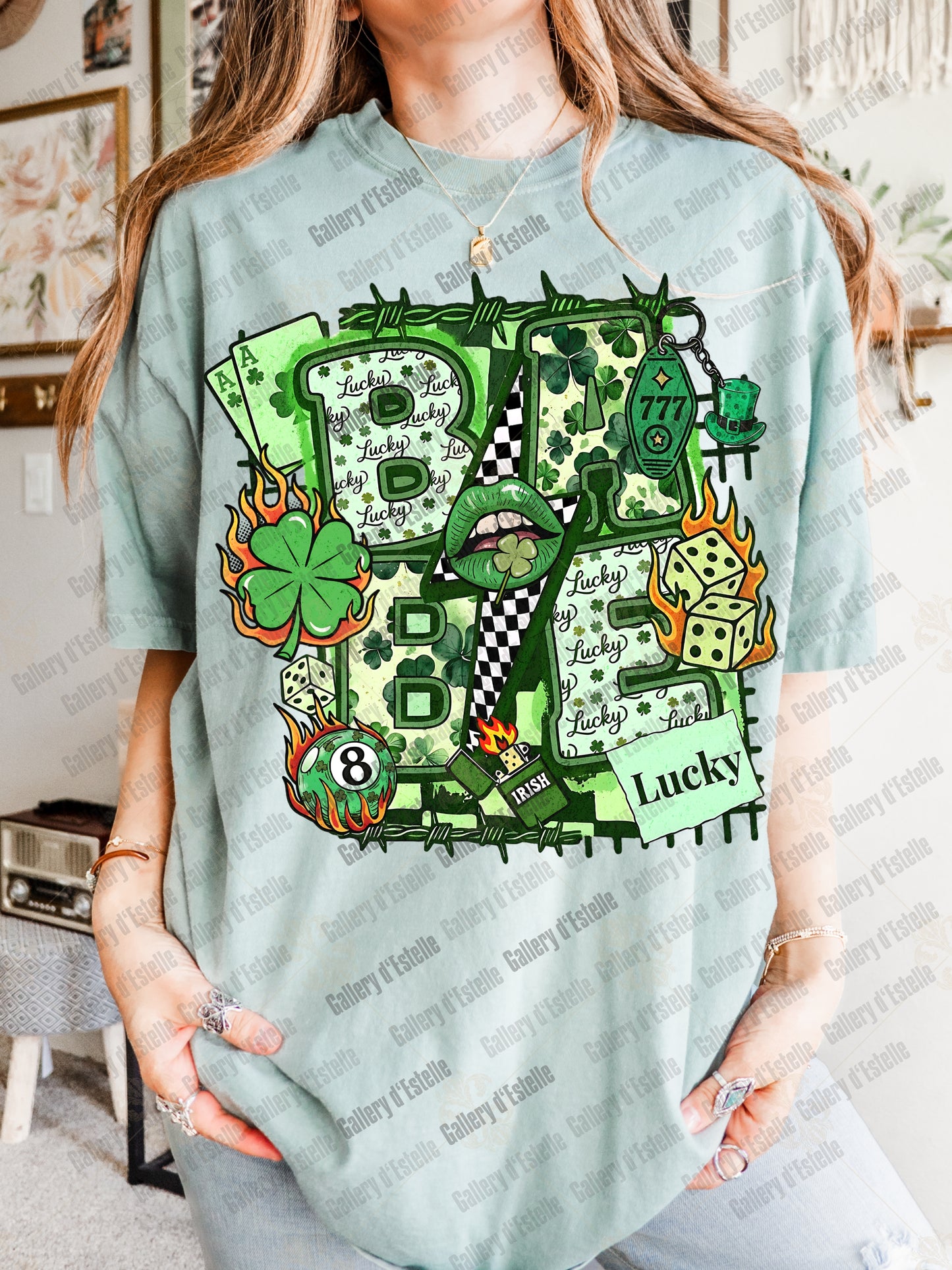 Lucky Babe Collage PNG, Retro Western Casino Art, Shamrock Rodeo Graphic, Edgy St Patrick’s Day Shirt Design