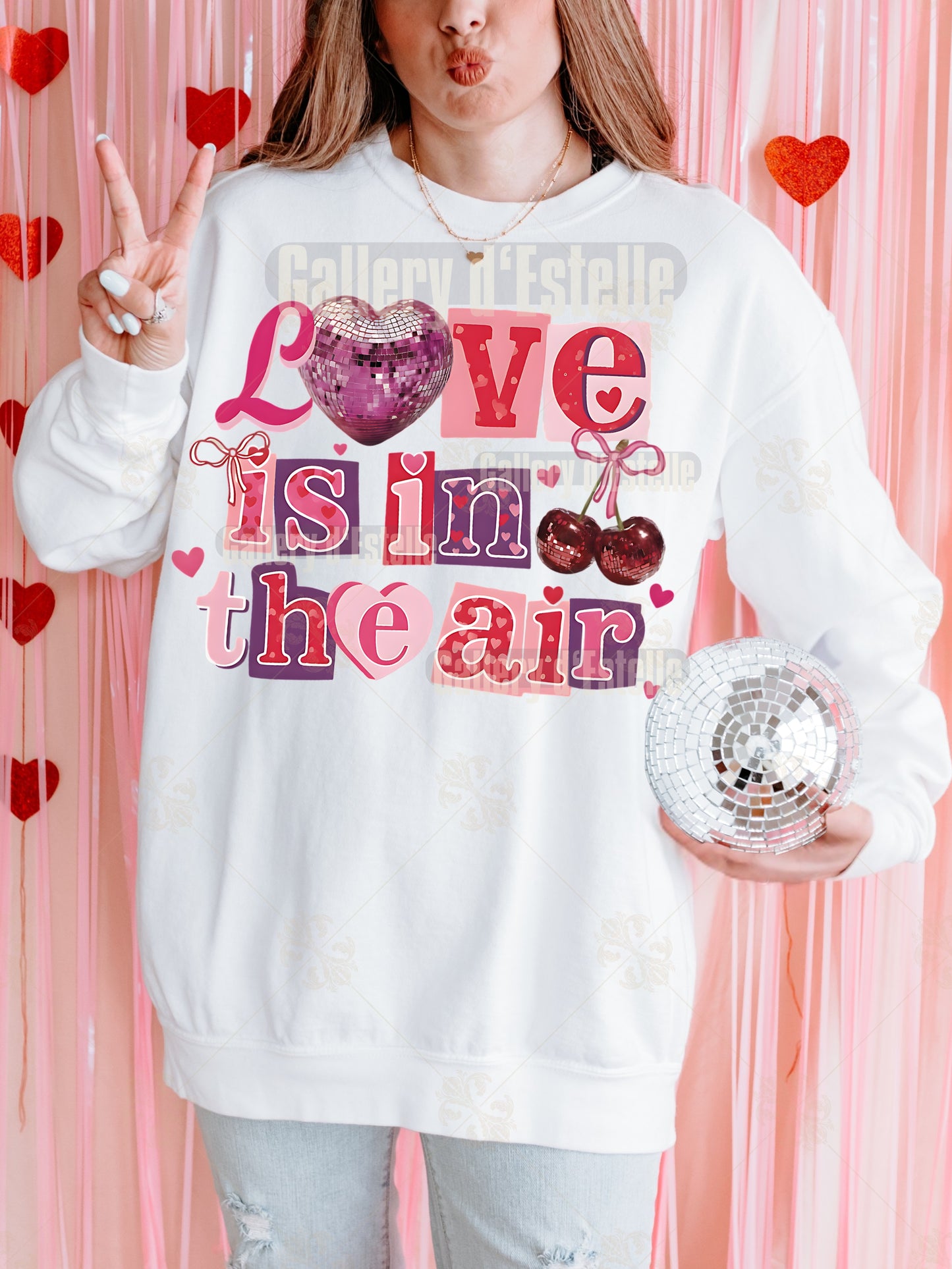 Retro Valentine Letter PNG, Coquette Disco Heart & Cherry Collage, Pink Love Themed Graphic, Trendy Valentine Shirt Design