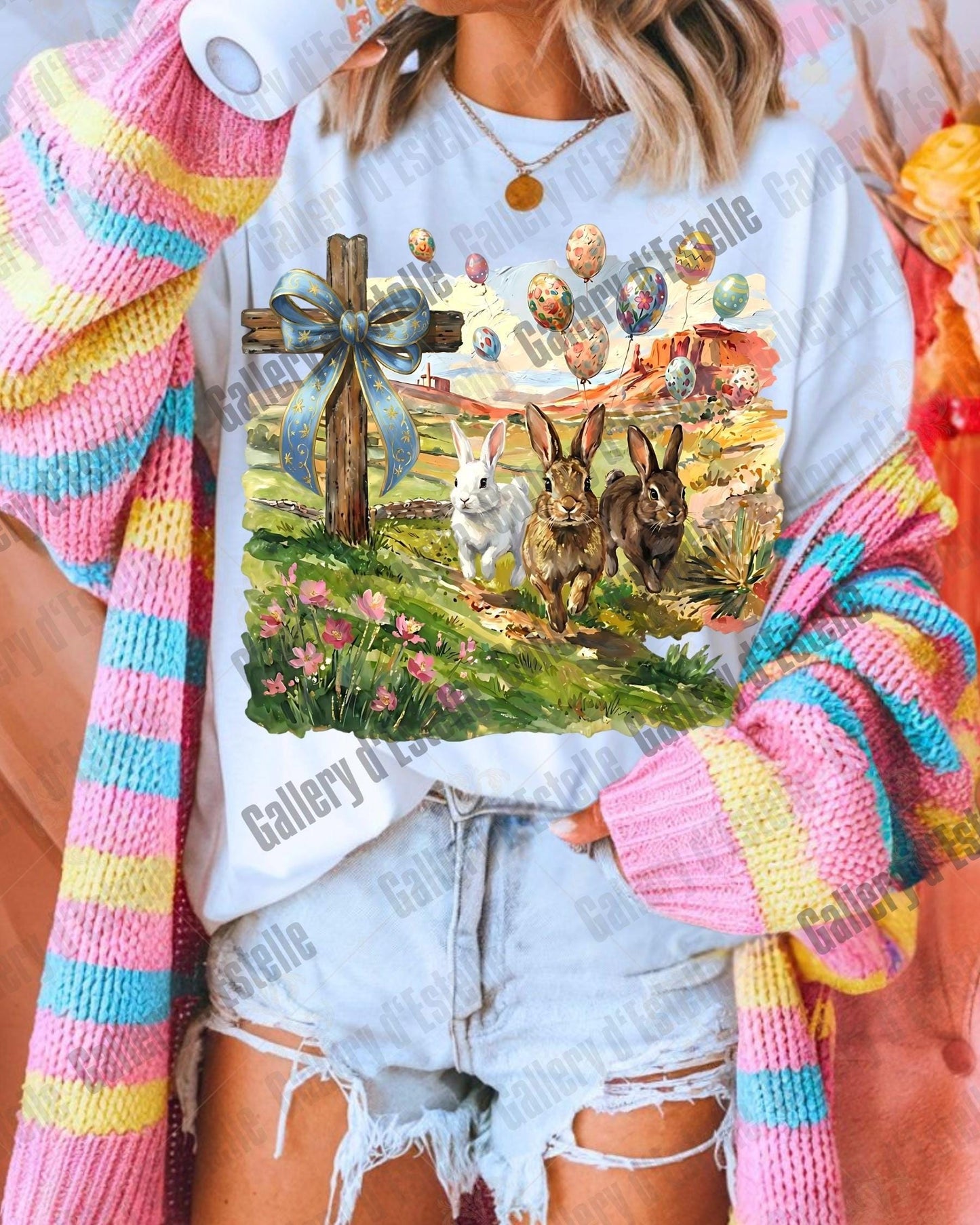 Christian Easter Bunny PNG, Coquette Cross Spring Scene, Vintage Religious Rabbit Art, Western Faith Shirt Design