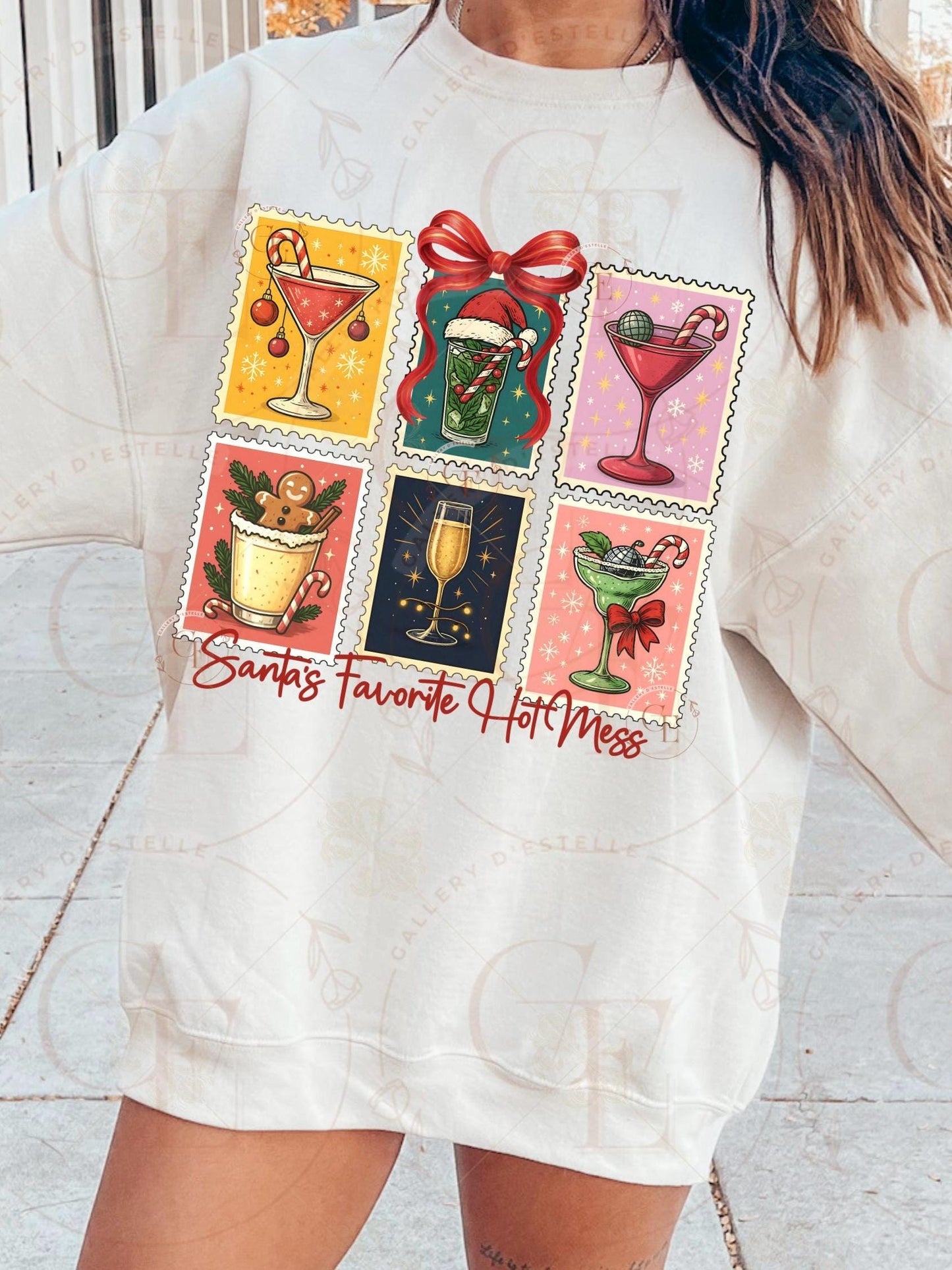Retro Coquette Christmas Stamp PNG, Festive Santa Cocktail Collage, Holiday Spirit Drinks Graphic, Trendy Girl Christmas Shirt Design