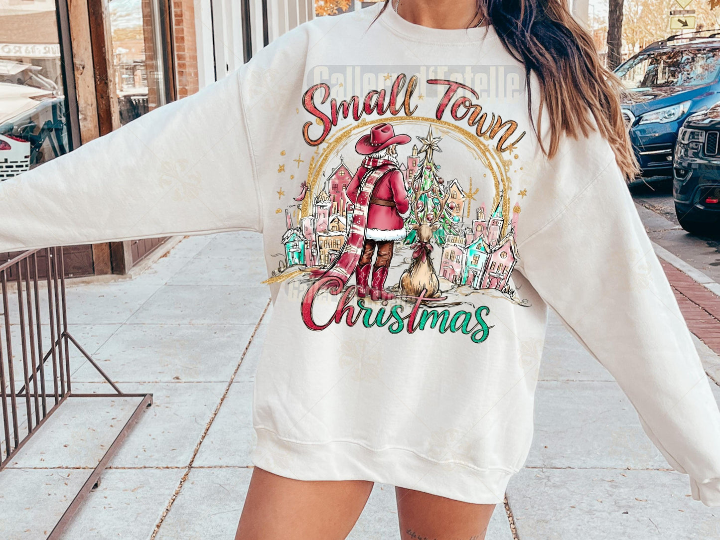 Small Town Christmas PNG, Retro Western Santa Graphic, Coquette Cowgirl Holiday Shirt Design