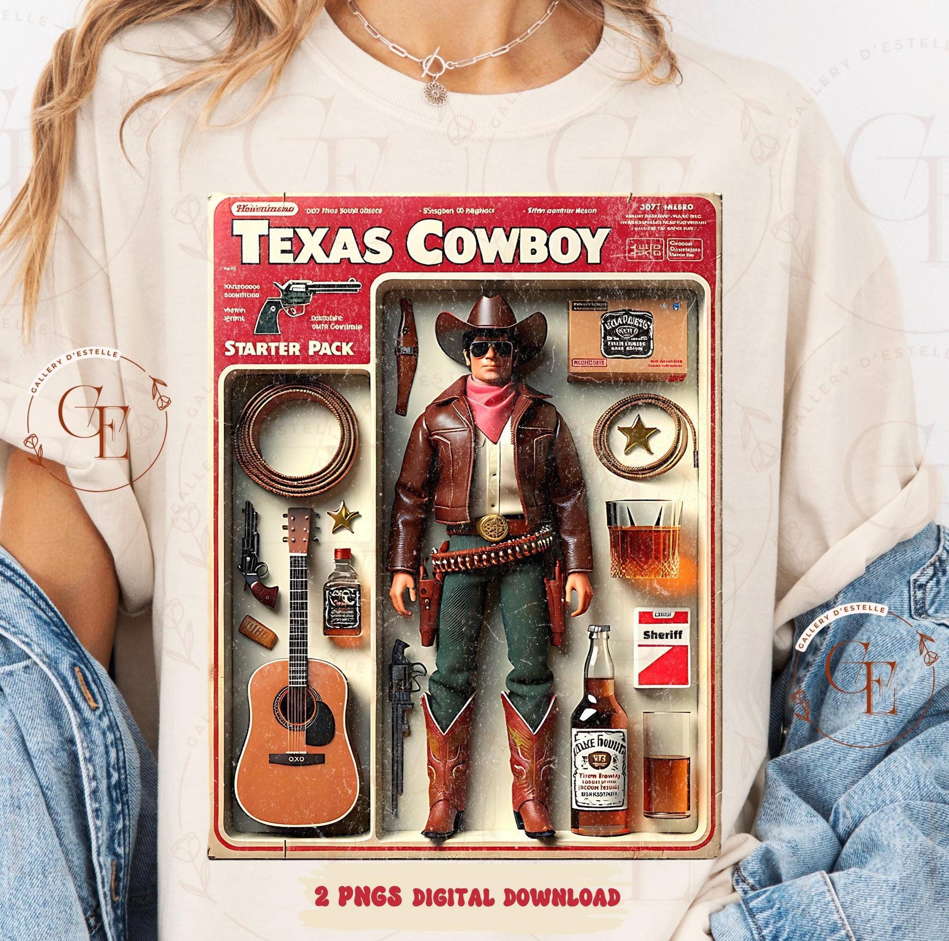 Texas Cowboy Starter Pack PNG, Retro Western Cowboy Graphic, Funny Action Figure Art, Trendy Country Shirt Design
