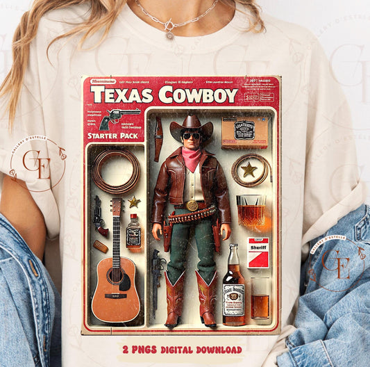 Texas Cowboy Starter Pack PNG, Retro Western Cowboy Graphic, Funny Action Figure Art, Trendy Country Shirt Design