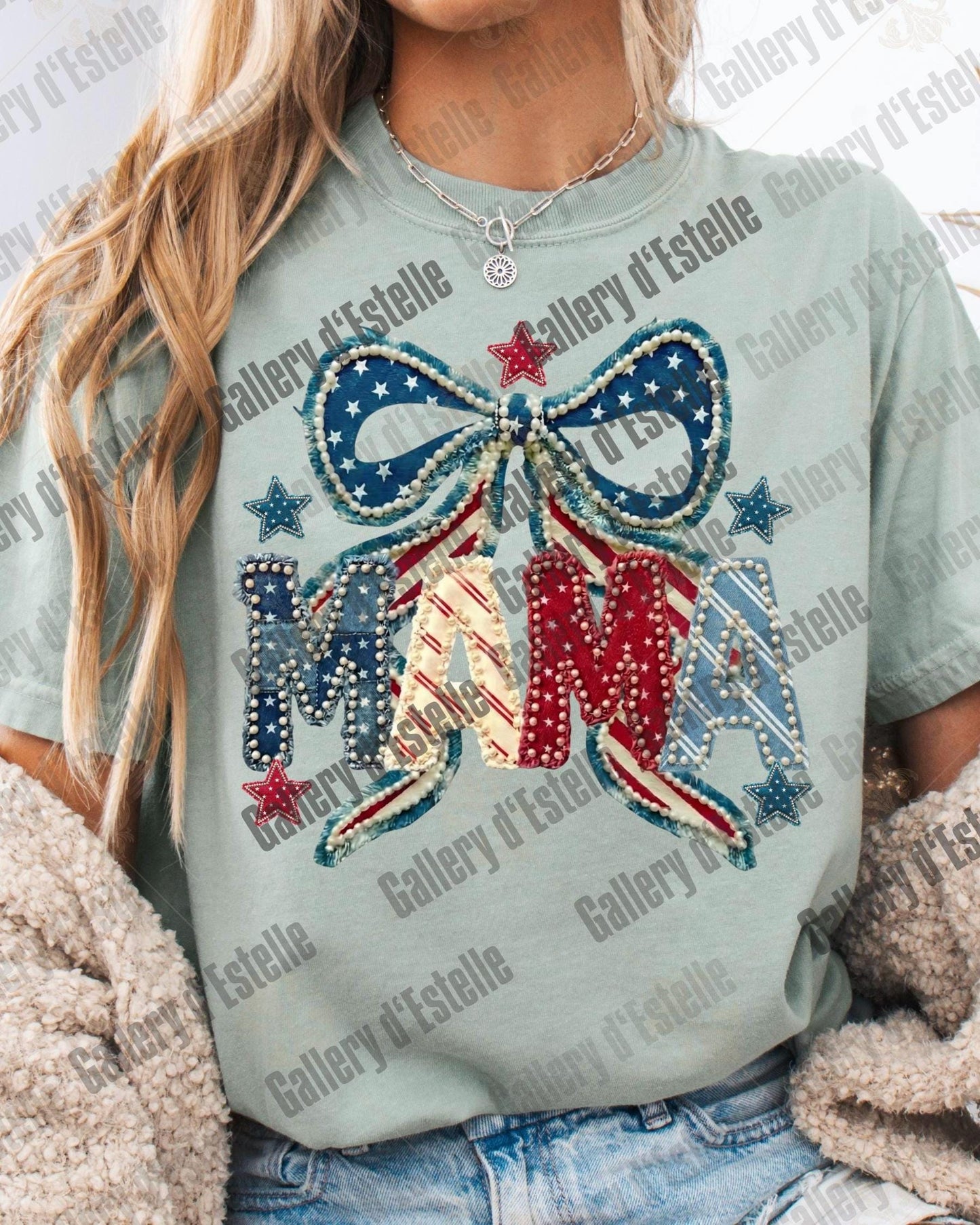 Coquette Patriotic Mama PNG, Retro American Patchwork Graphic, Trendy 4th of July Mom Shirt Design