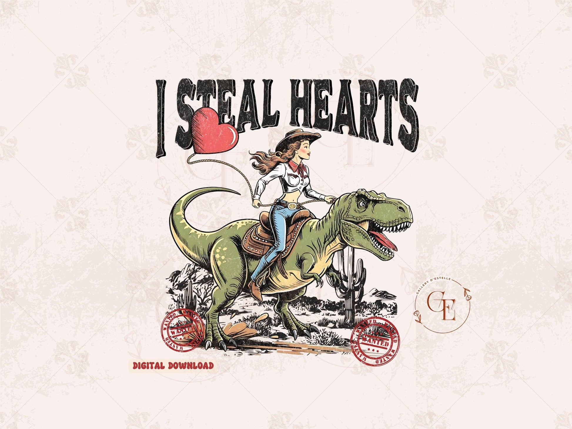 I Steal Hearts Western PNG, Retro Cowgirl Riding Dinosaur Rodeo Graphic, Cute Valentine Country Shirt Design