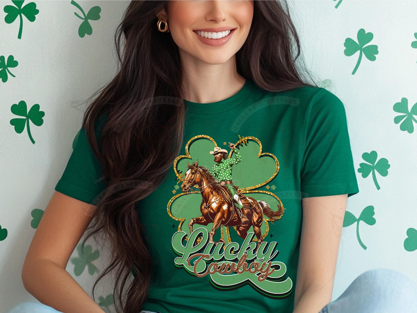 Lucky Cowboy PNG, St. Patricks Day Western Graphic, Retro Lucky Clover Art, Trendy Country Shirt Rodeo Design