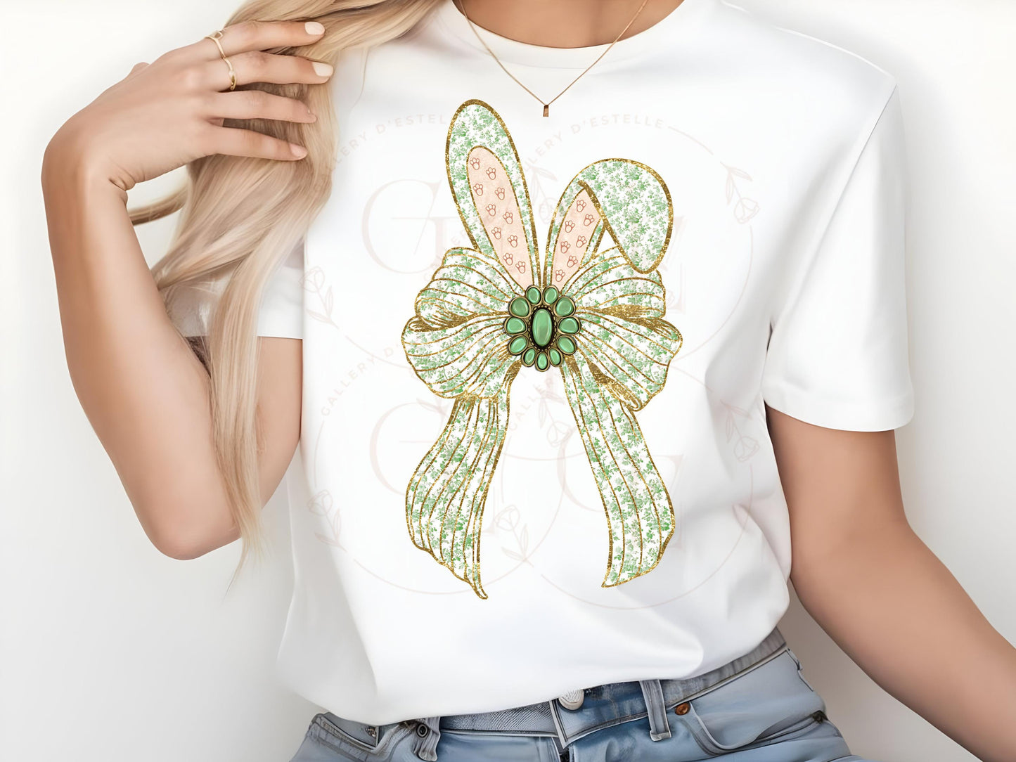 Coquette Easter Bunny Bow PNG, Green French Toile Glitter Graphic, Country Chic Shirt Design