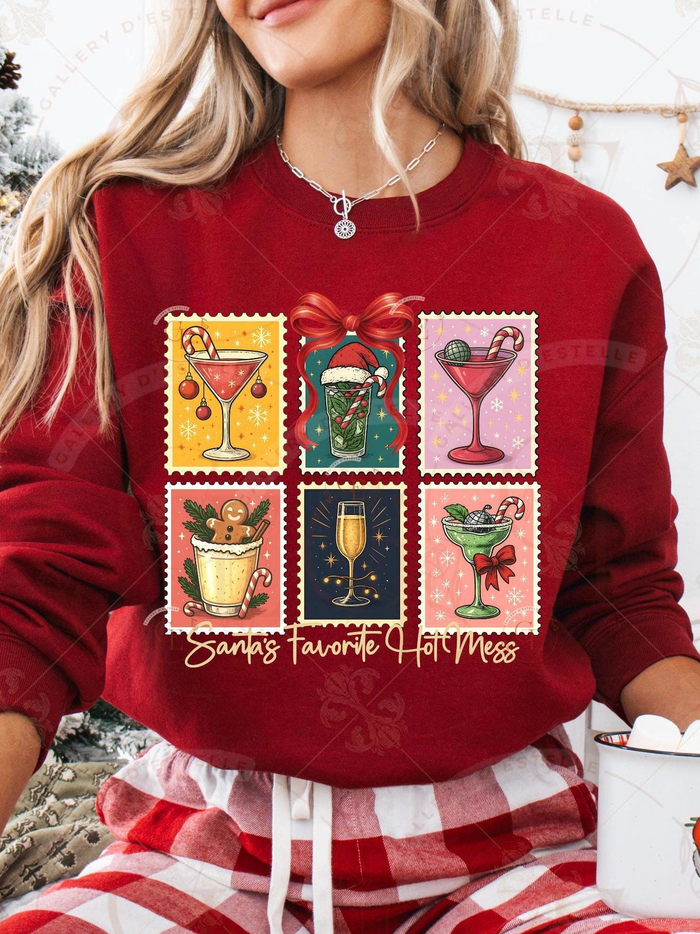 Retro Coquette Christmas Stamp PNG, Festive Santa Cocktail Collage, Holiday Spirit Drinks Graphic, Trendy Girl Christmas Shirt Design