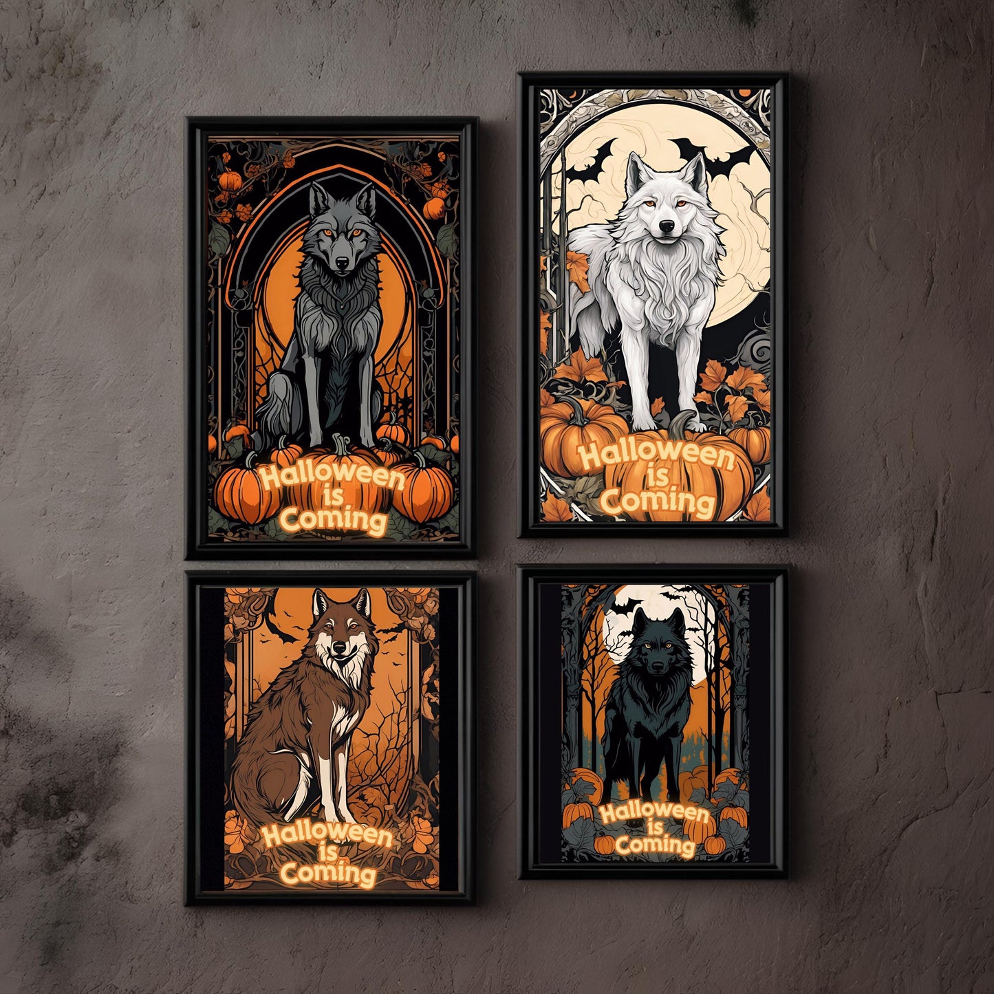 Halloween Wolves Wall Art Bundle, "House Spark" Spooky Halloween Art Nouveau Decoration