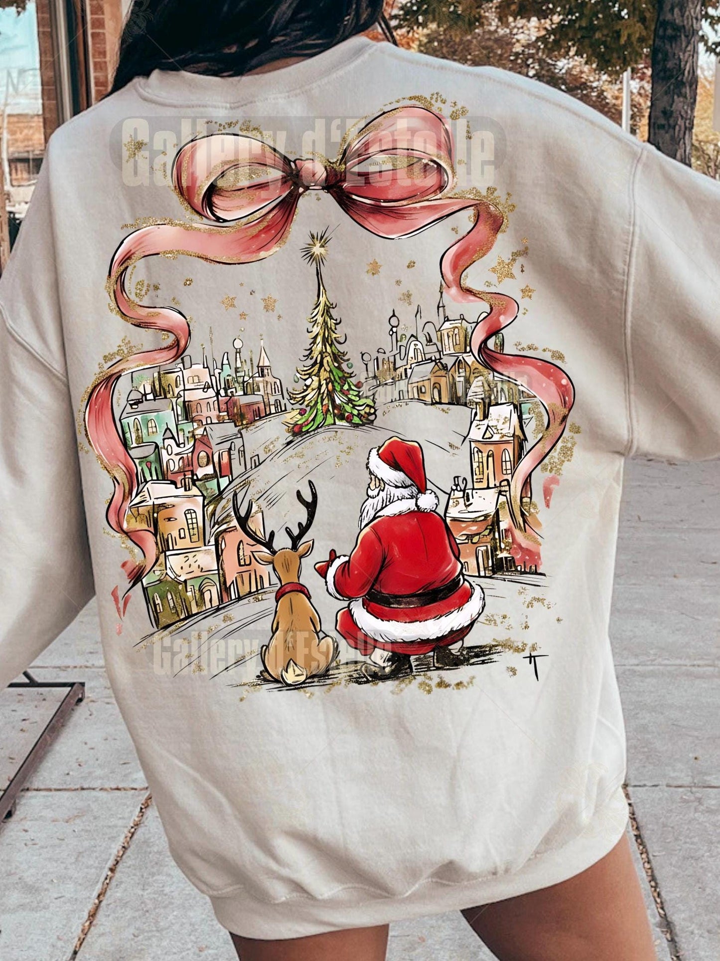 Coquette Christmas Town PNG, Retro Santa & Reindeer Graphic, Whimsical Holiday Shirt Design, Festive Christmas Art