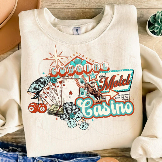 Cowgirl Casino and Motel PNG, Western Cowgirl Vegas Graphic, Retro Lucky Girl Gambling Art, Trendy Country Shirt Design