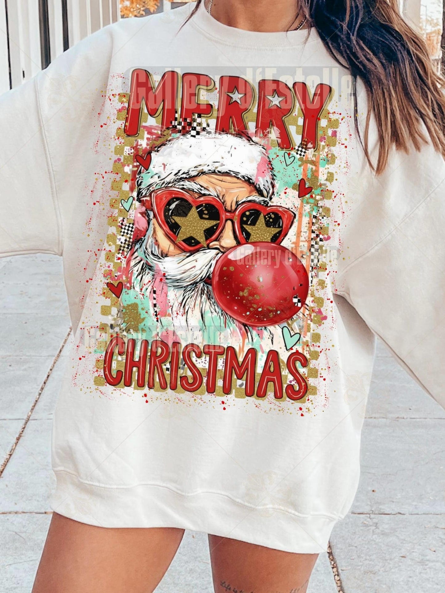 Preppy Merry Christmas PNG, Retro Glitter Santa Bubble Design, Coquette Holiday Graphic, Trendy Christmas Shirt Sublimation