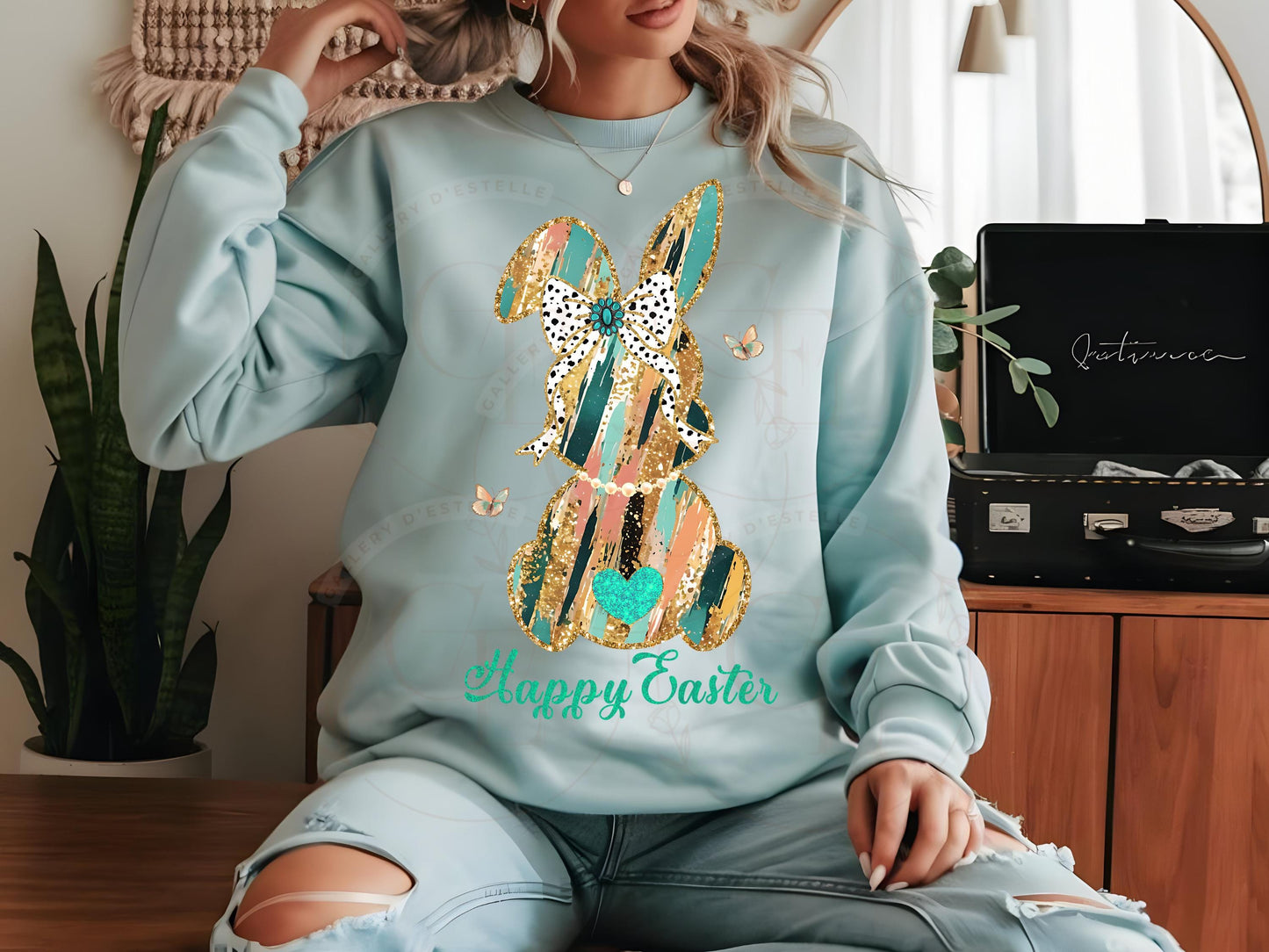 Coquette Glitter Bunny PNG, Dalmatian Gold Brushstroke Bow Graphic, Trendy Happy Easter Country Shirt Design