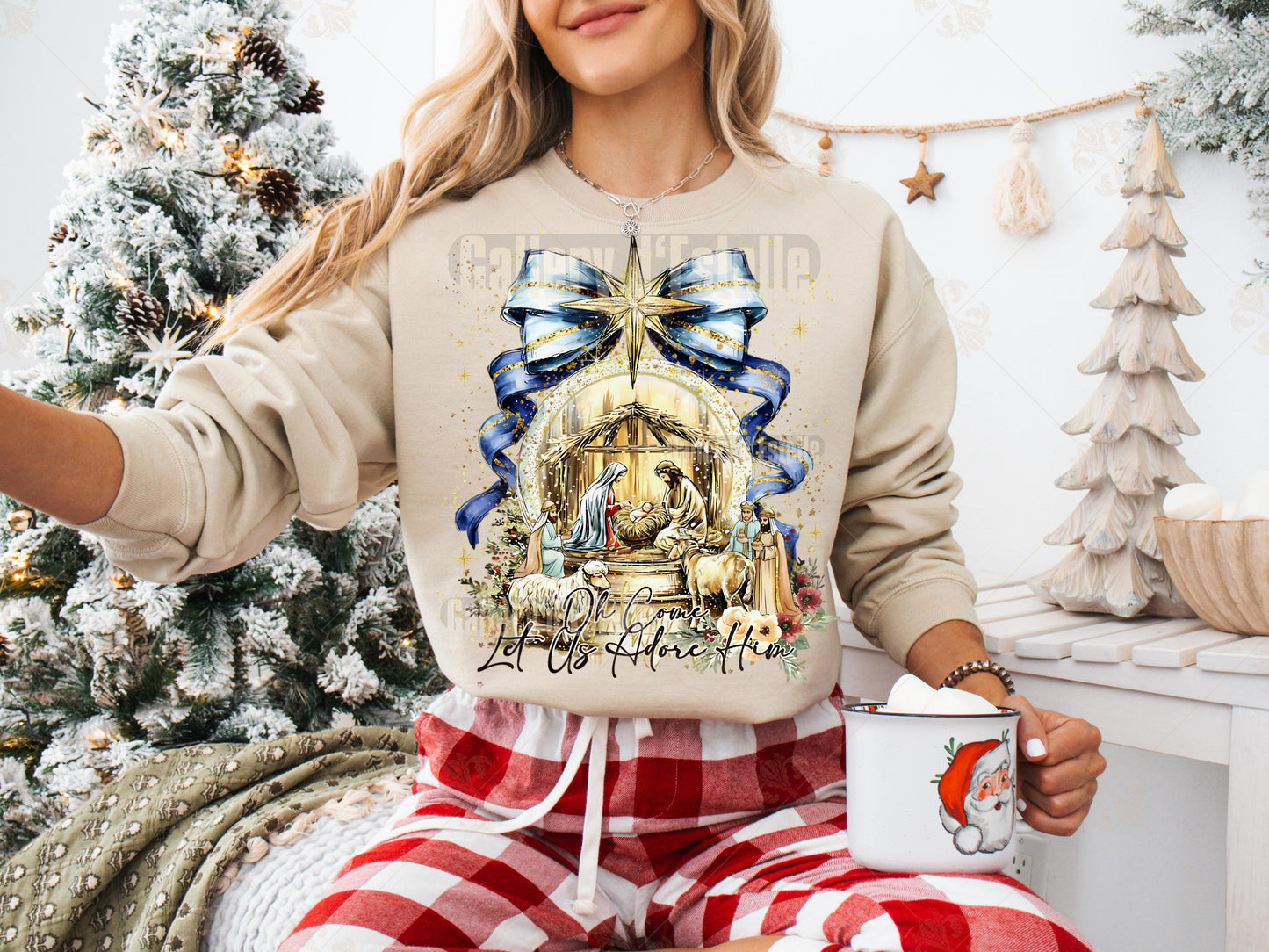 Coquette Nativity Scene PNG, Let Us Adore Him Christian Graphic, Glitter Christmas Sublimation, Cute Holiday Shirt Design