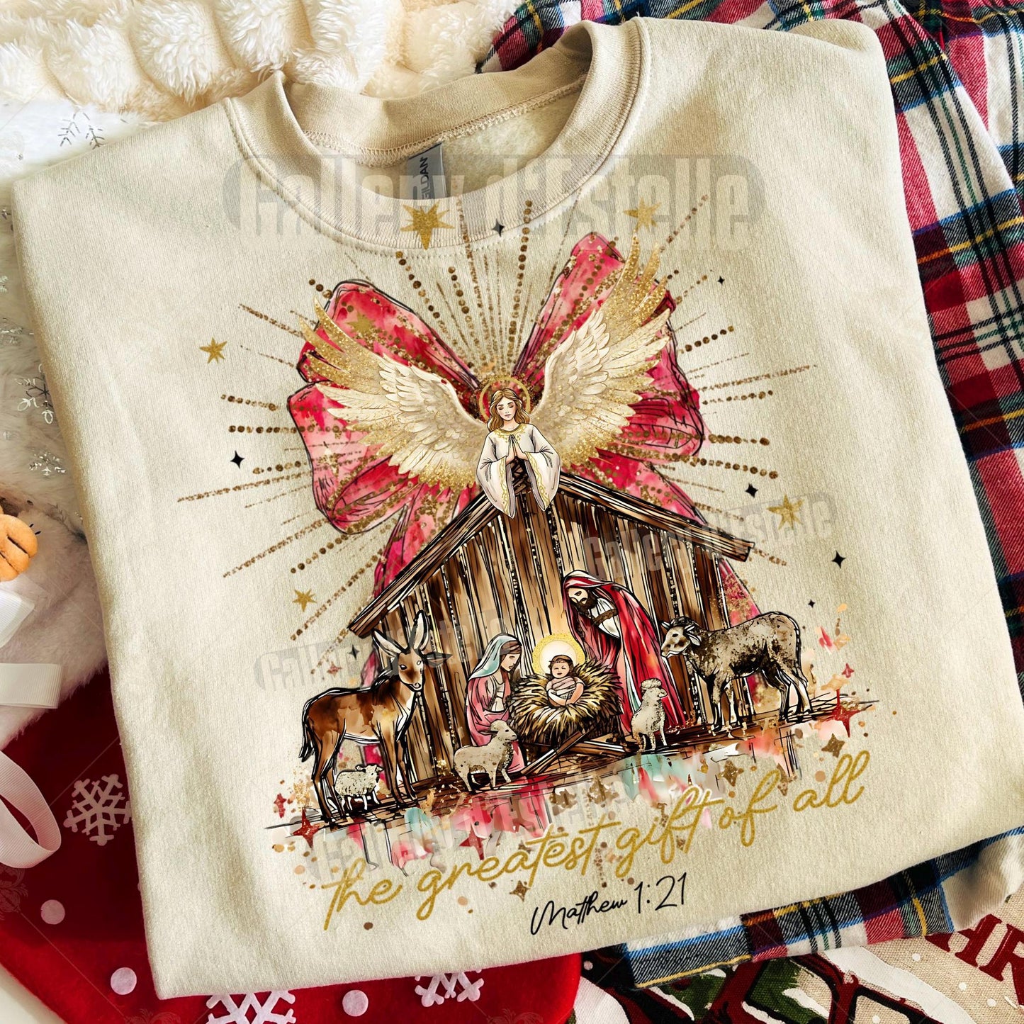 Preppy Nativity PNG, Glittery Christmas Scene Graphic, Religious Holiday Sublimation, Coquette Christian Shirt Design