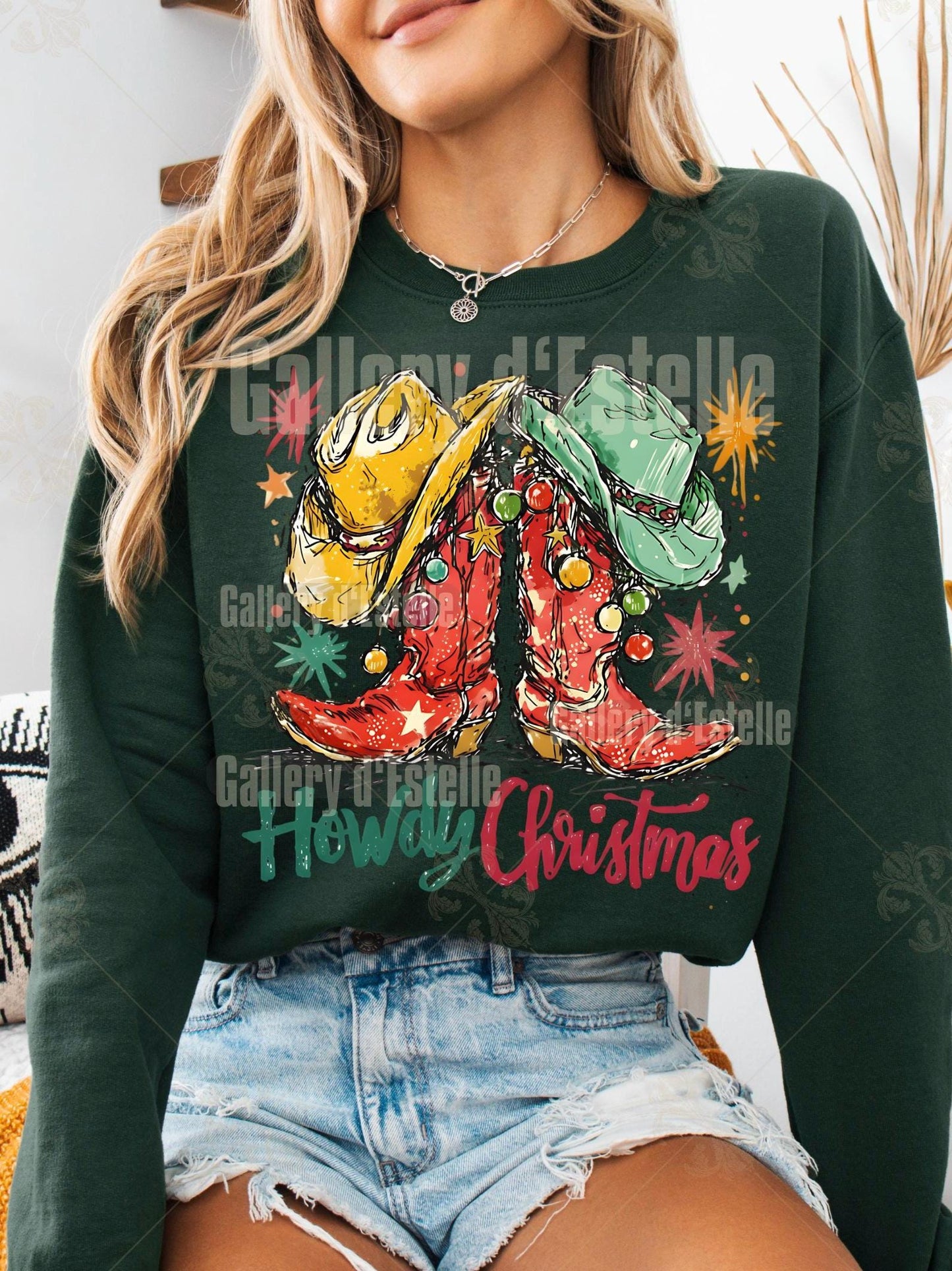 Western Howdy Boots PNG, Festive Cowboy Christmas Graphic, Coquette Cowgirl Holiday Shirt Design