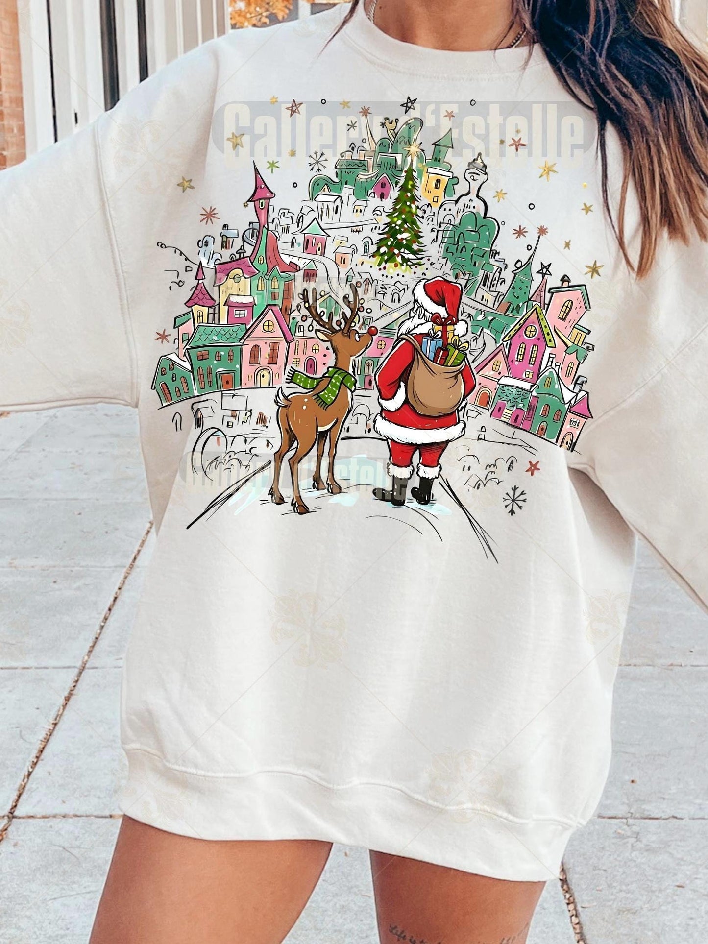 Retro Santa Town PNG, Coquette Christmas Reindeer Graphic, Nostalgic Holiday Sublimation, Festive Shirt Design